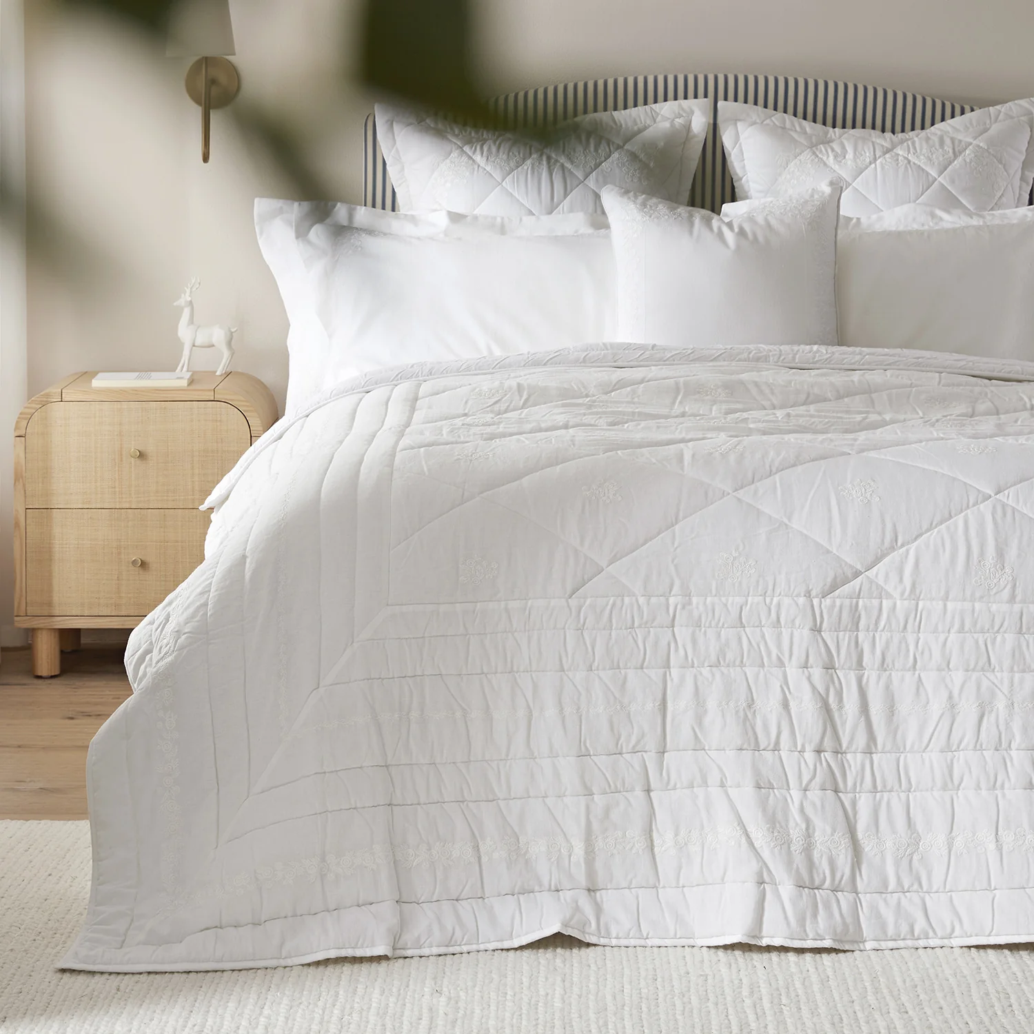 Esmeralda White Floral Embroidered Quilted Linen Blend Bedspread - Image 3