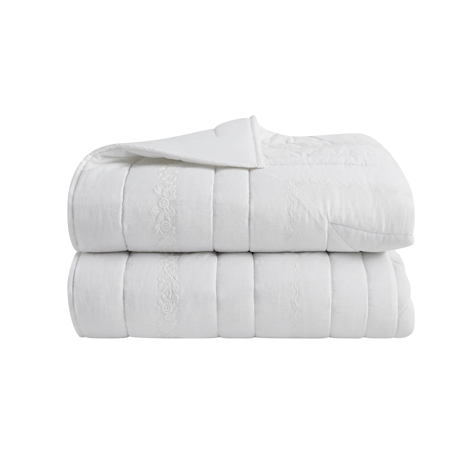 Esmeralda White Floral Embroidered Quilted Linen Blend Bedspread - Image 8