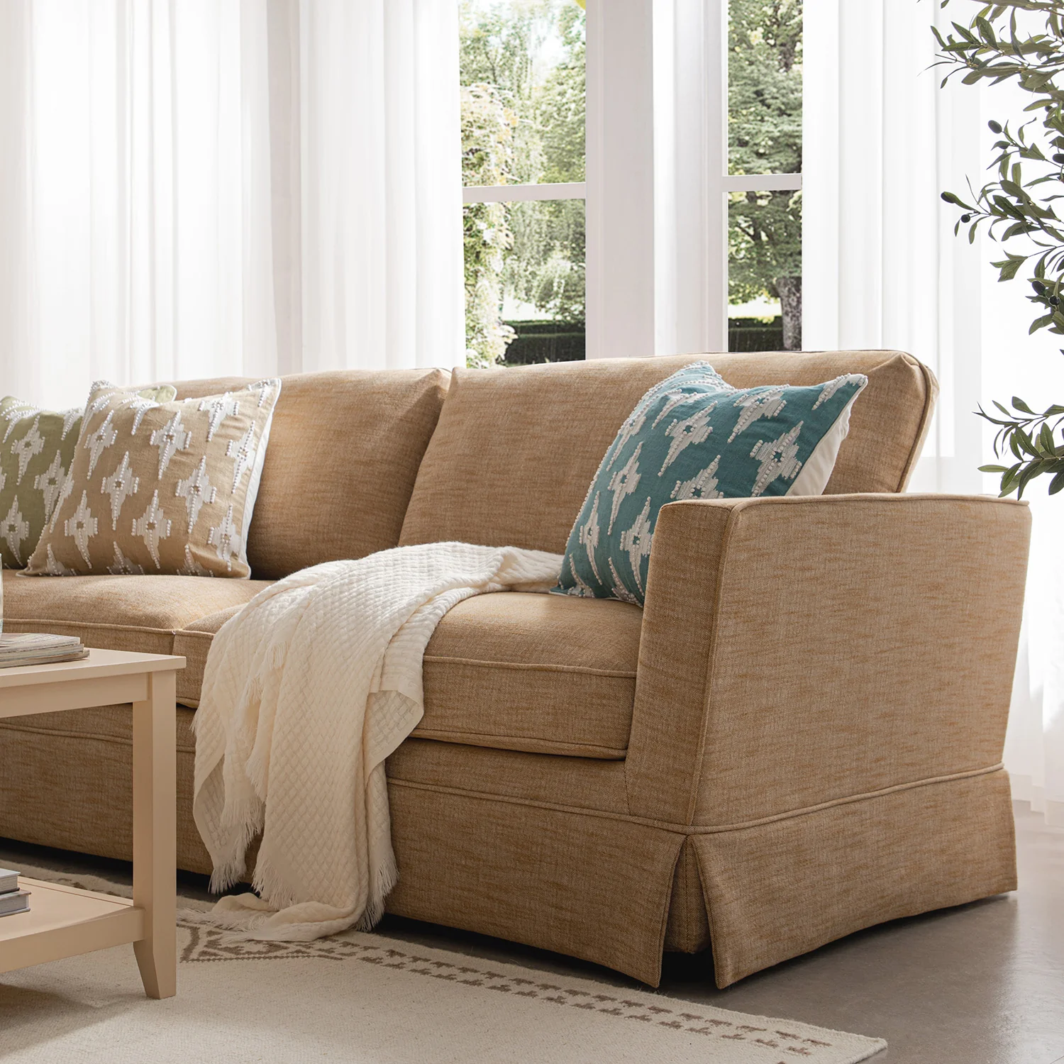 Fitz Skirted Large 3-Seater Sofa, Apricot Linen Blend - Image 5