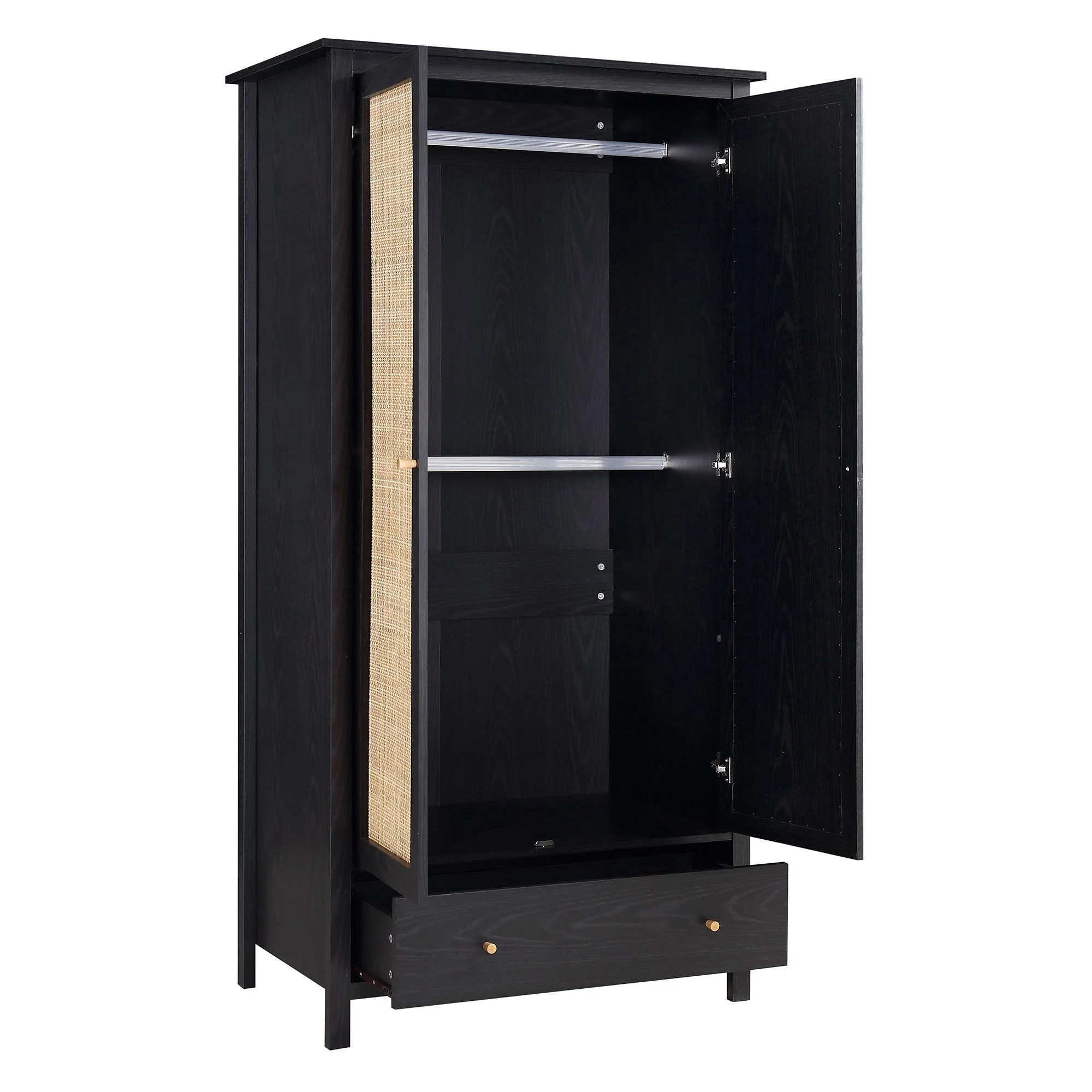 Frances Rattan Double Wardrobe with 1 Drawer, Black - Image 7