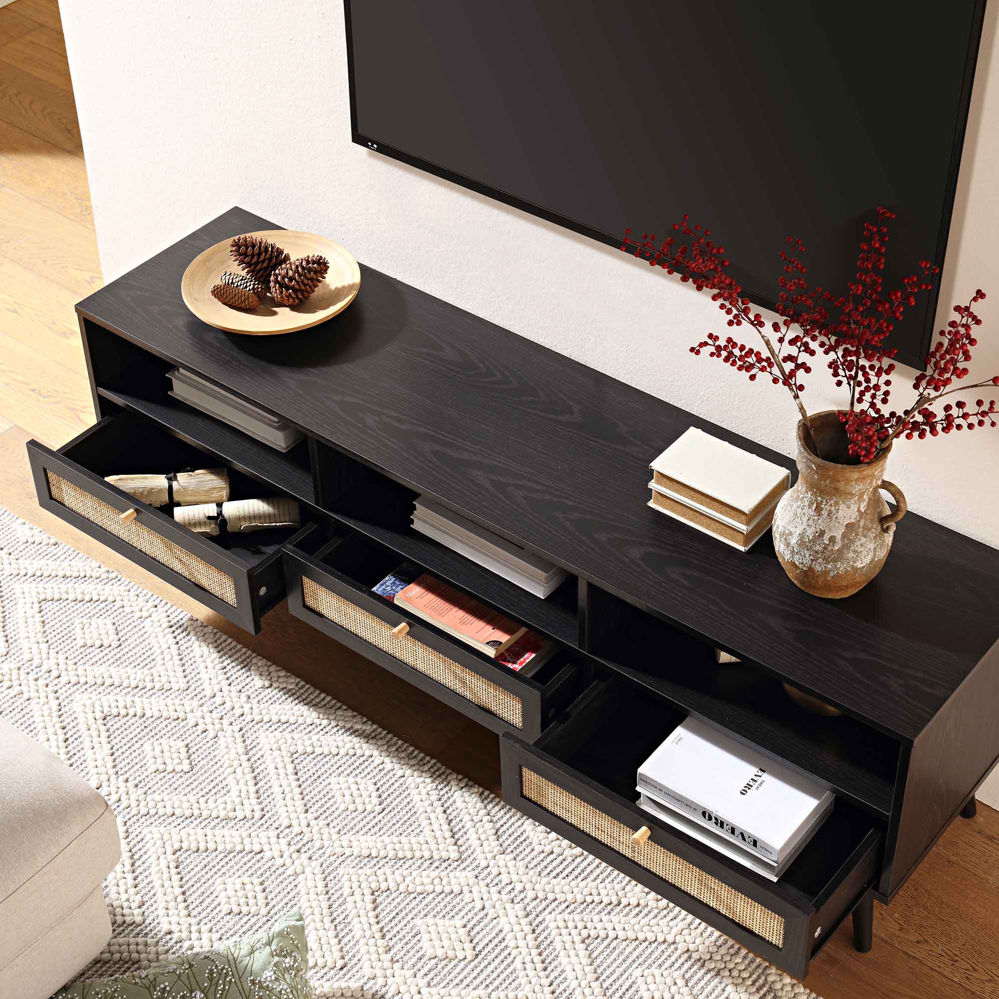 Frances Woven Rattan 160cm 3-Drawer TV Unit, Black - Image 3
