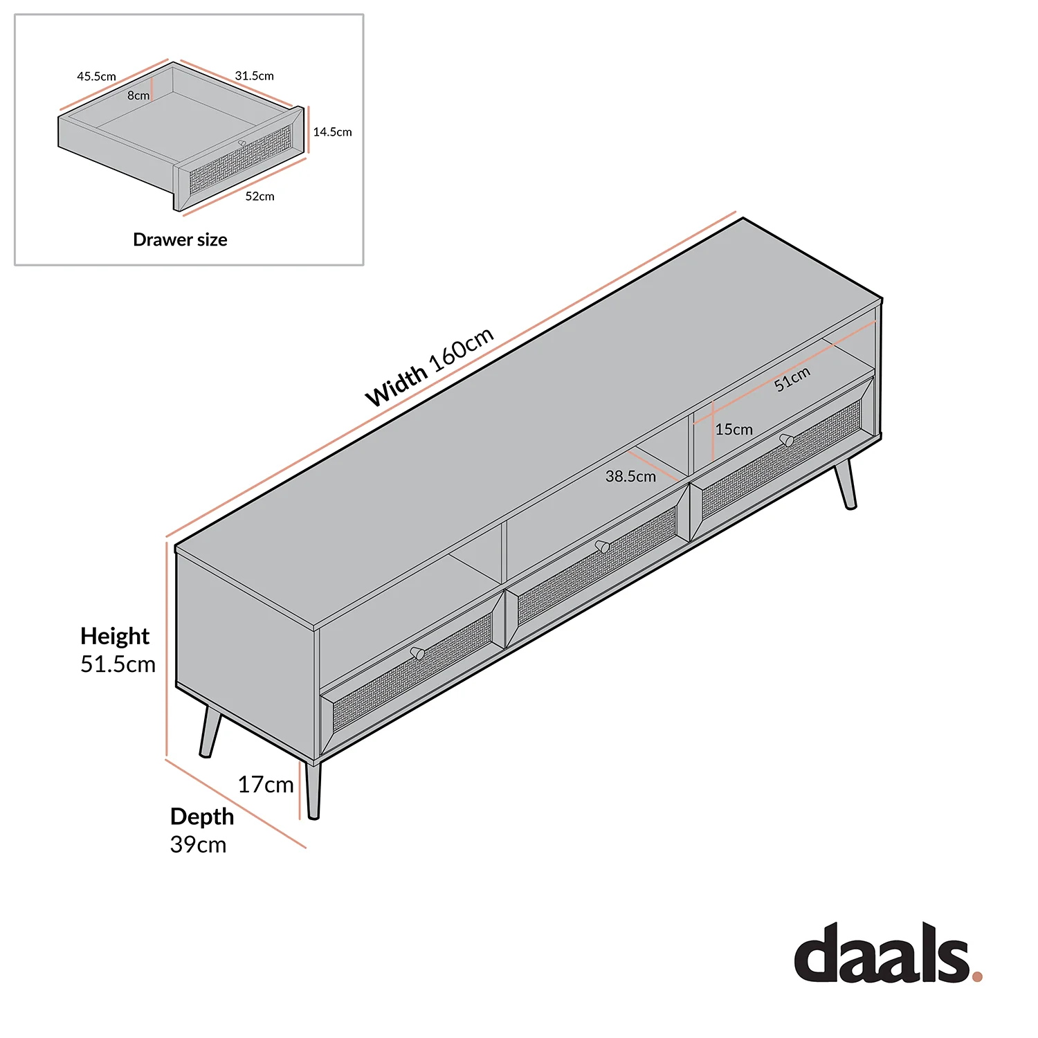 Frances Woven Rattan 160cm 3-Drawer TV Unit, Black - Image 6
