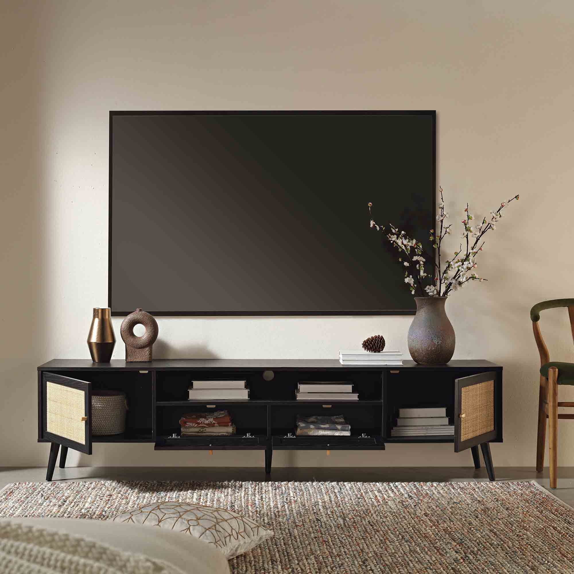 Frances Woven Rattan 200cm Wide TV Unit, Black - Image 3