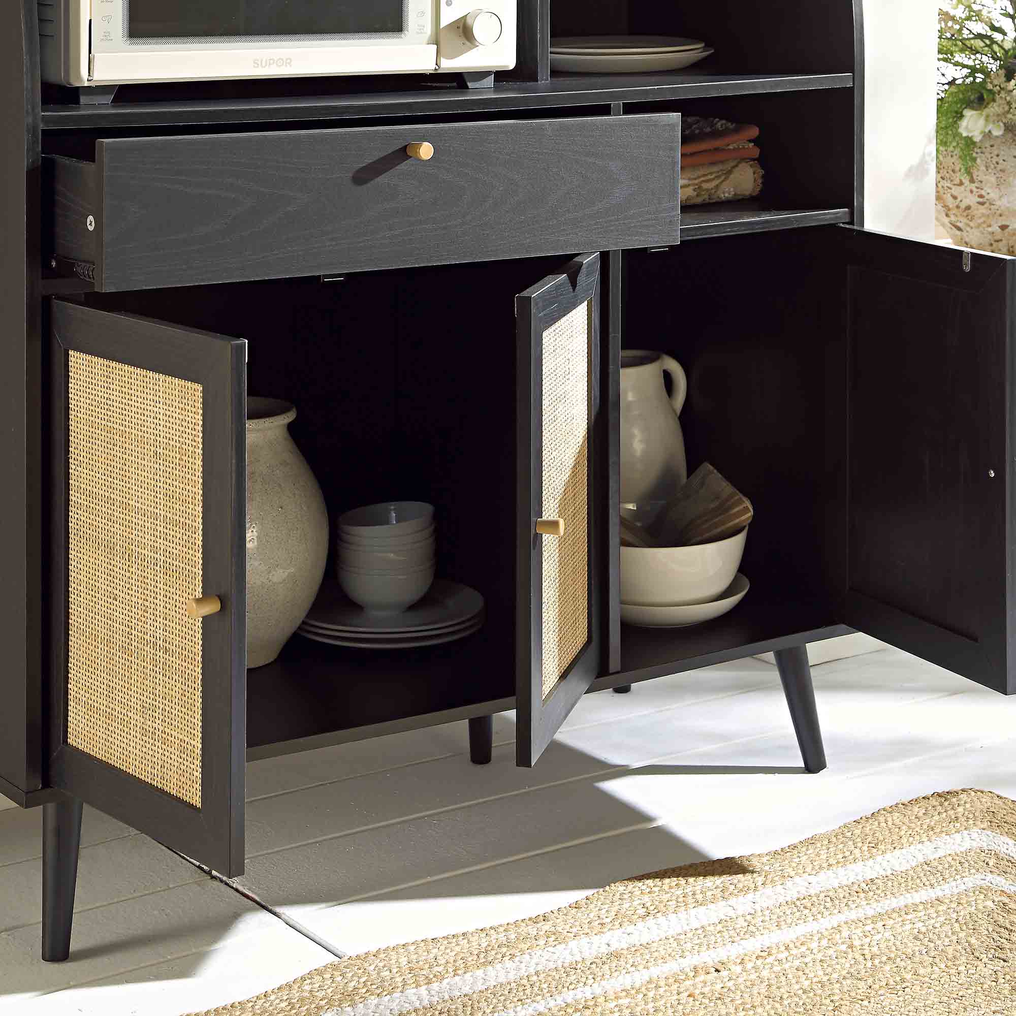 Frances Woven Rattan Kitchen Cabinet, Black - Image 3