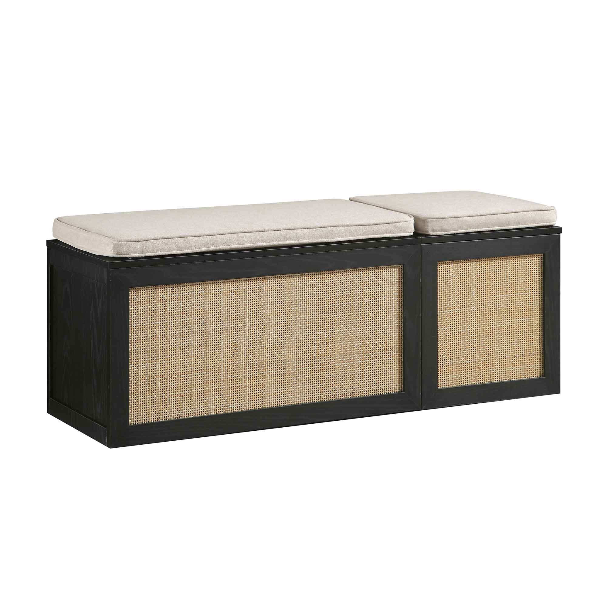 Frances Woven Rattan Triple Storage Stool Set with Cushion, Black - Image 4