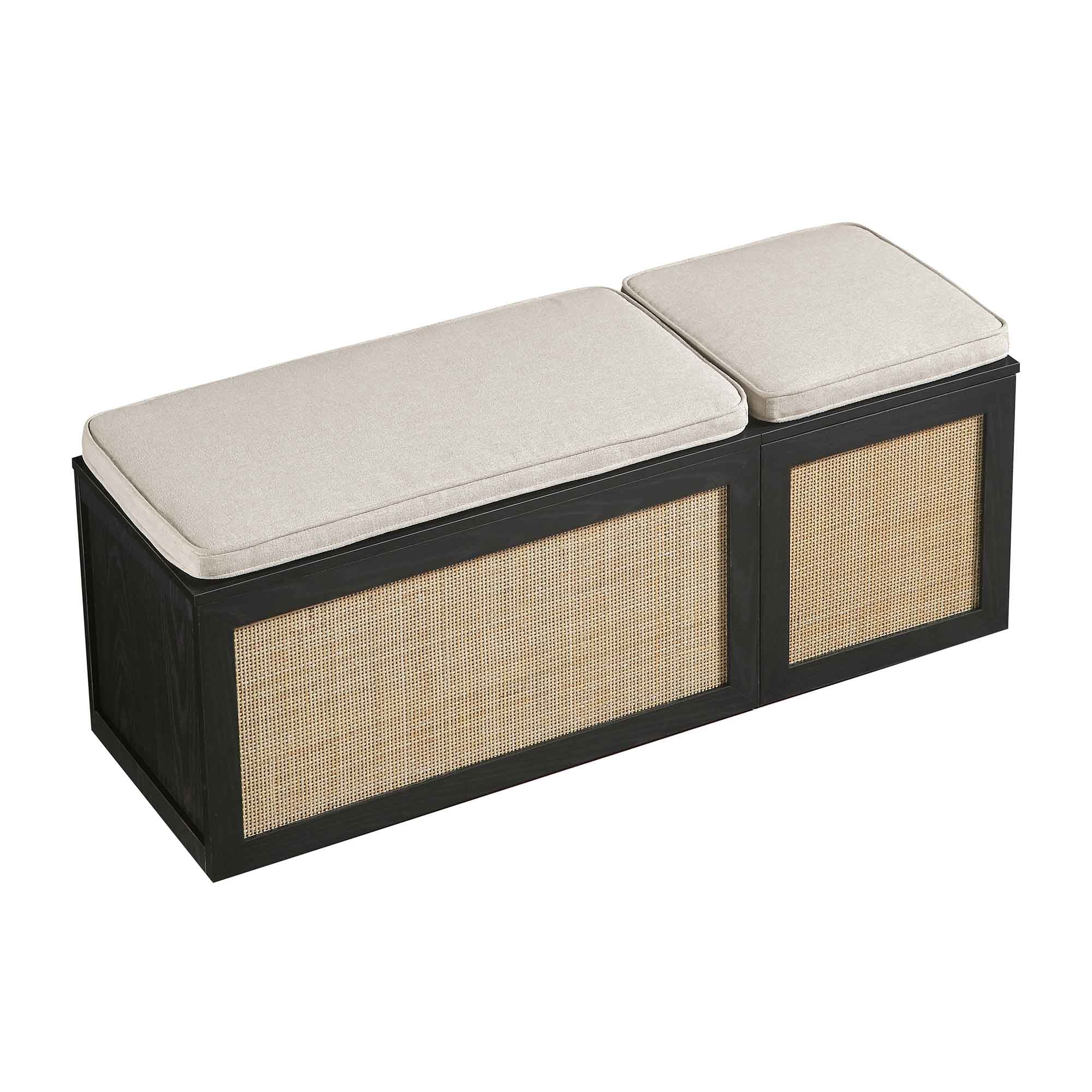 Frances Woven Rattan Triple Storage Stool Set with Cushion, Black - Image 7