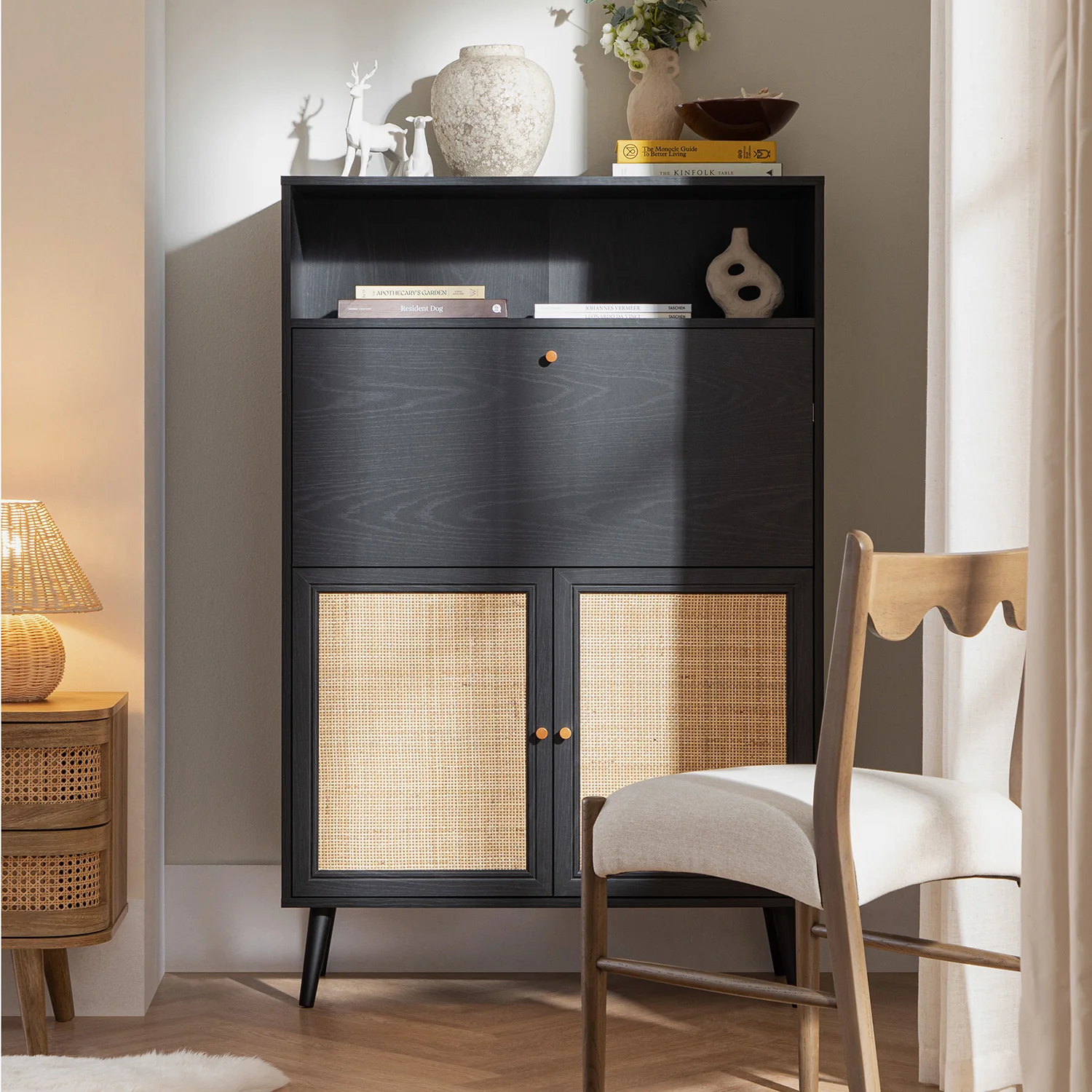 Frances Woven Rattan Writing Bureau, Black - Image 4