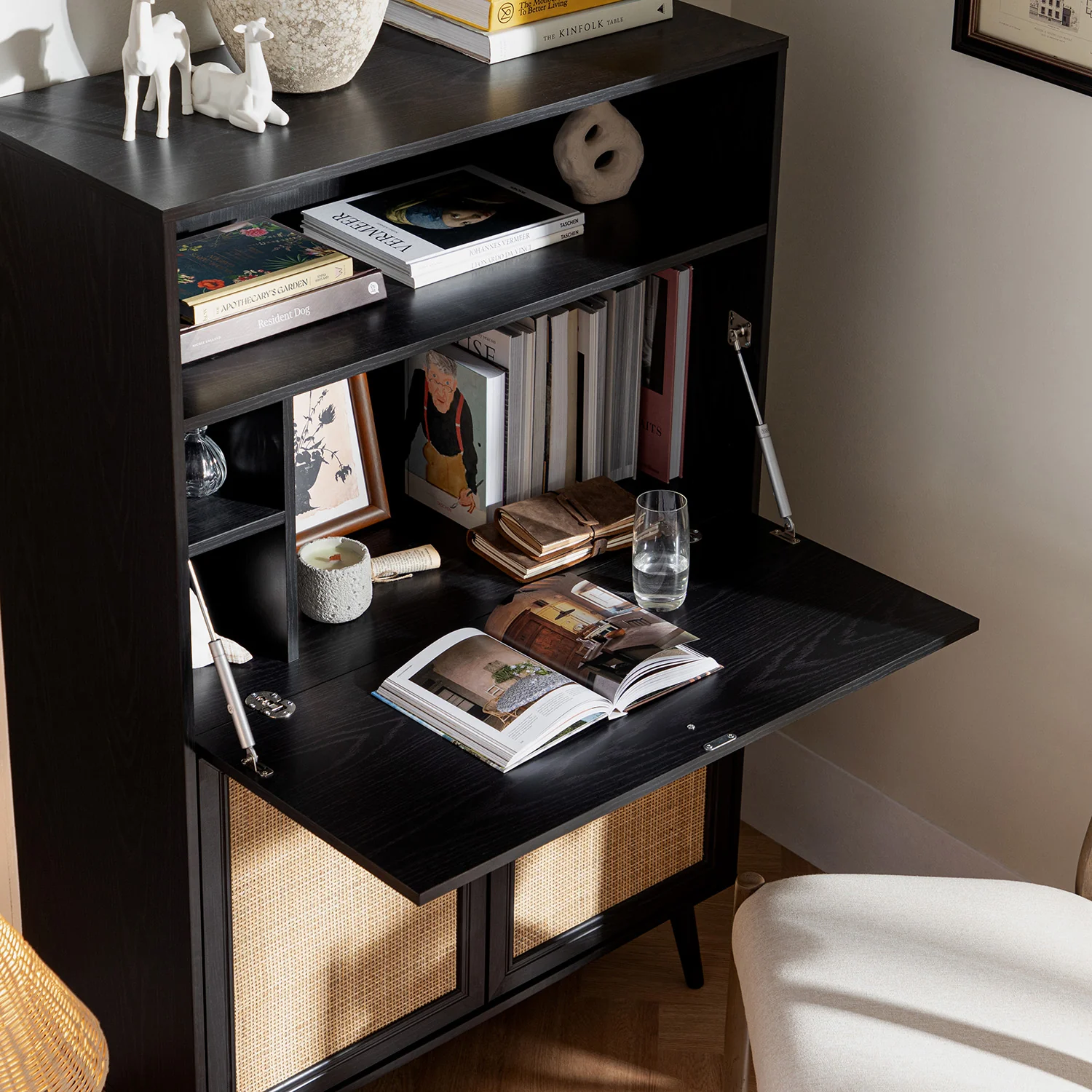 Frances Woven Rattan Writing Bureau, Black - Image 5