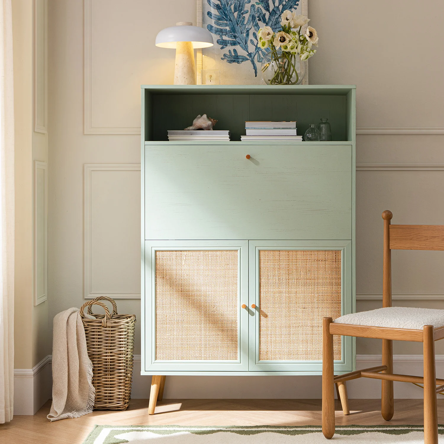 Frances Woven Rattan Writing Bureau, Mint - Image 3