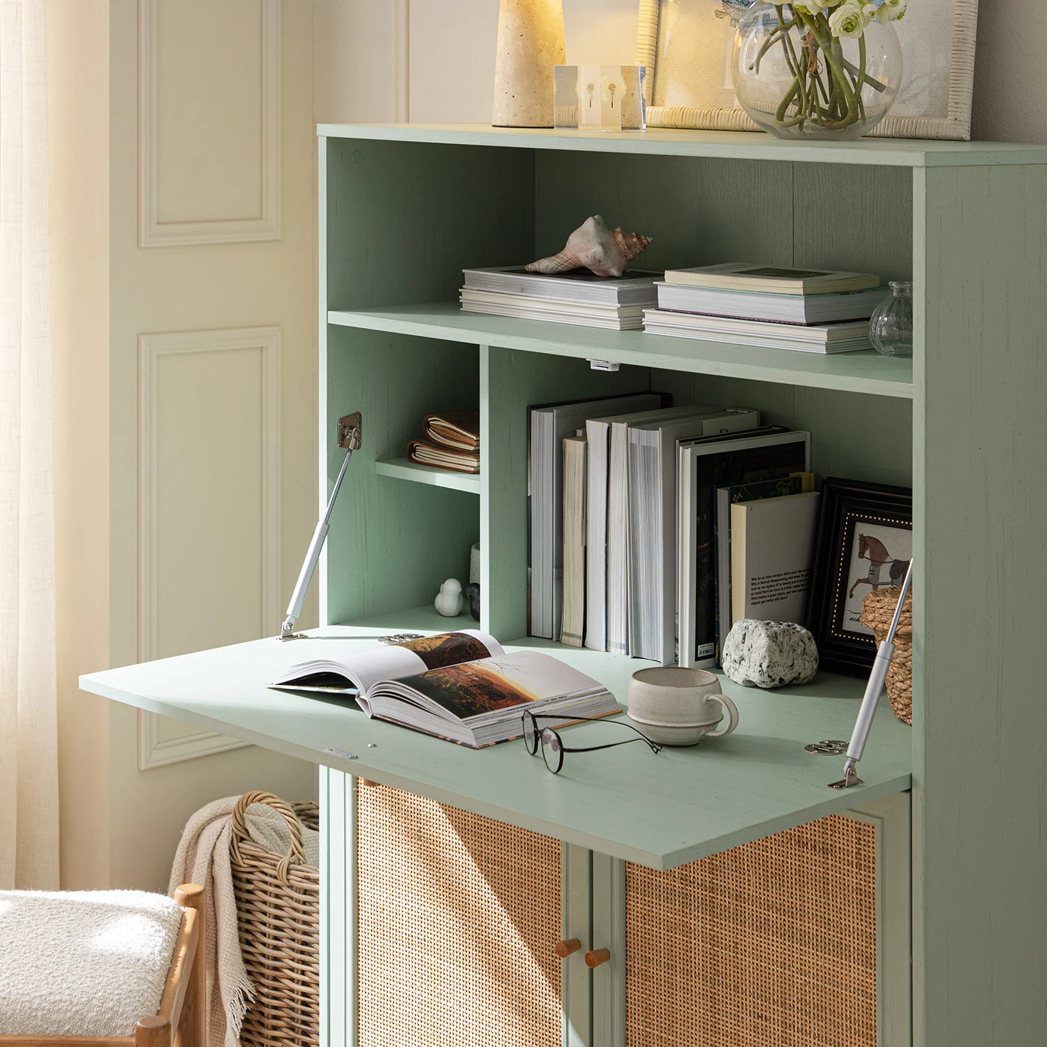 Frances Woven Rattan Writing Bureau, Mint - Image 5