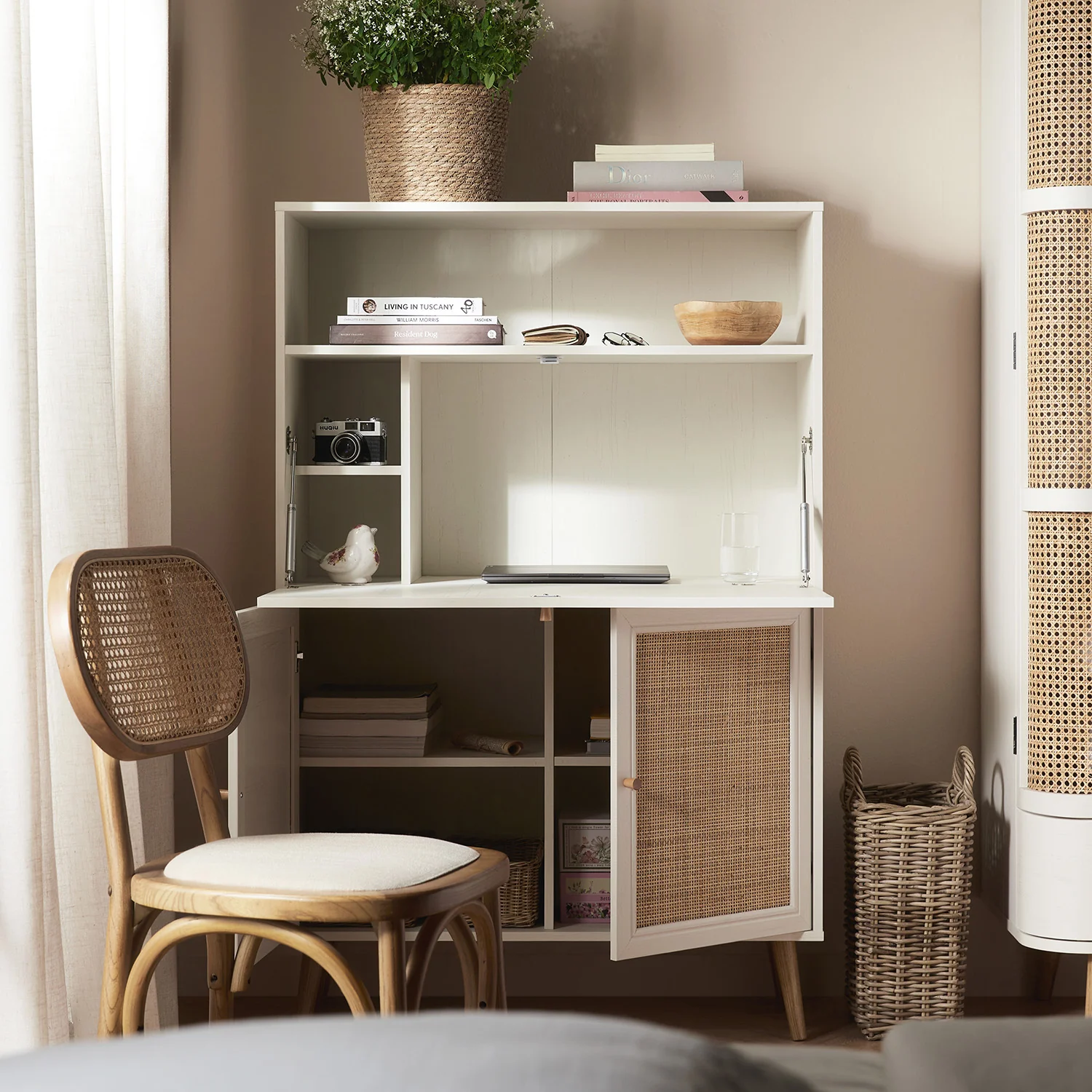 Frances Woven Rattan Writing Bureau, White - Image 4