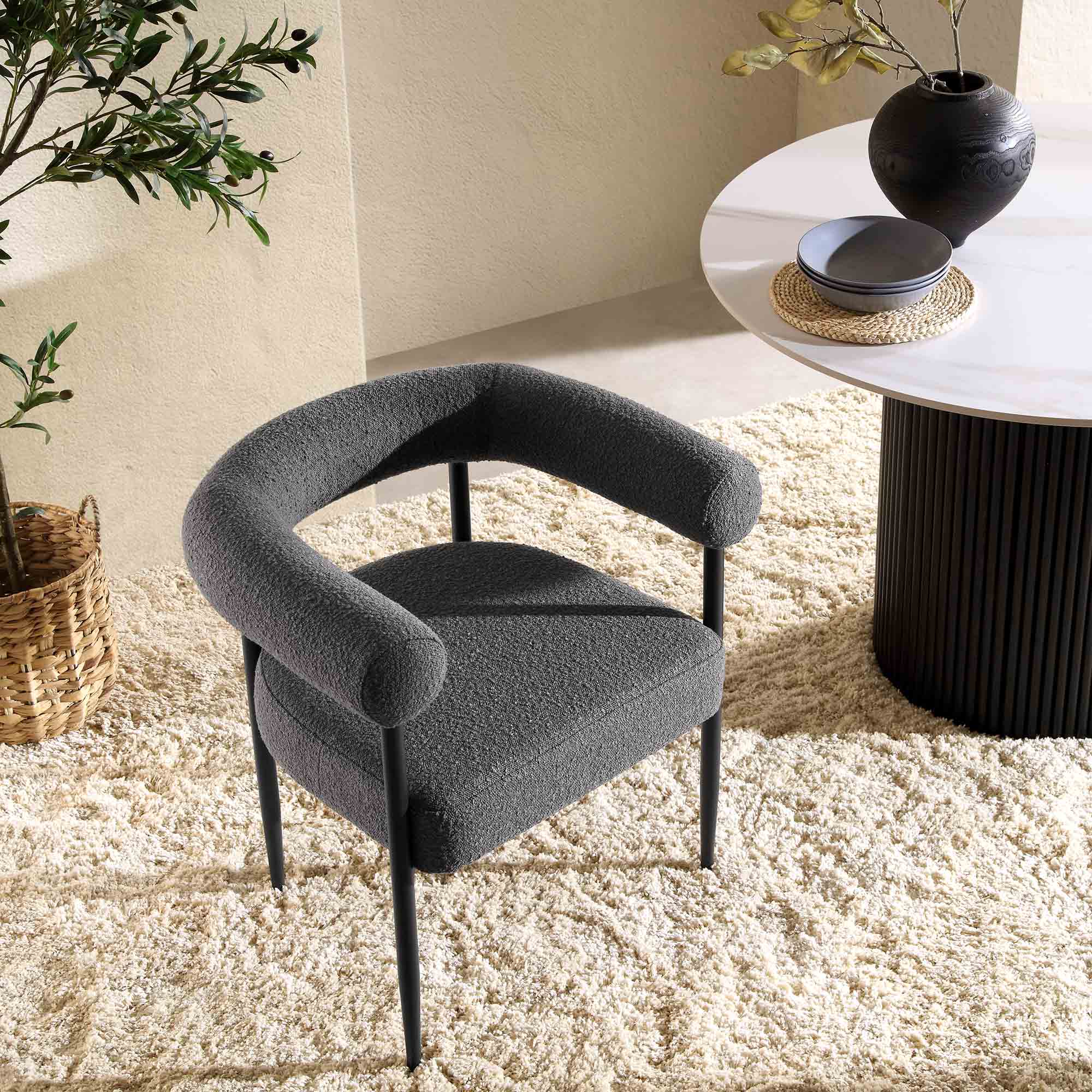 Fulbourn Charcoal Boucle Dining Chair with Black Metal Legs - Image 3