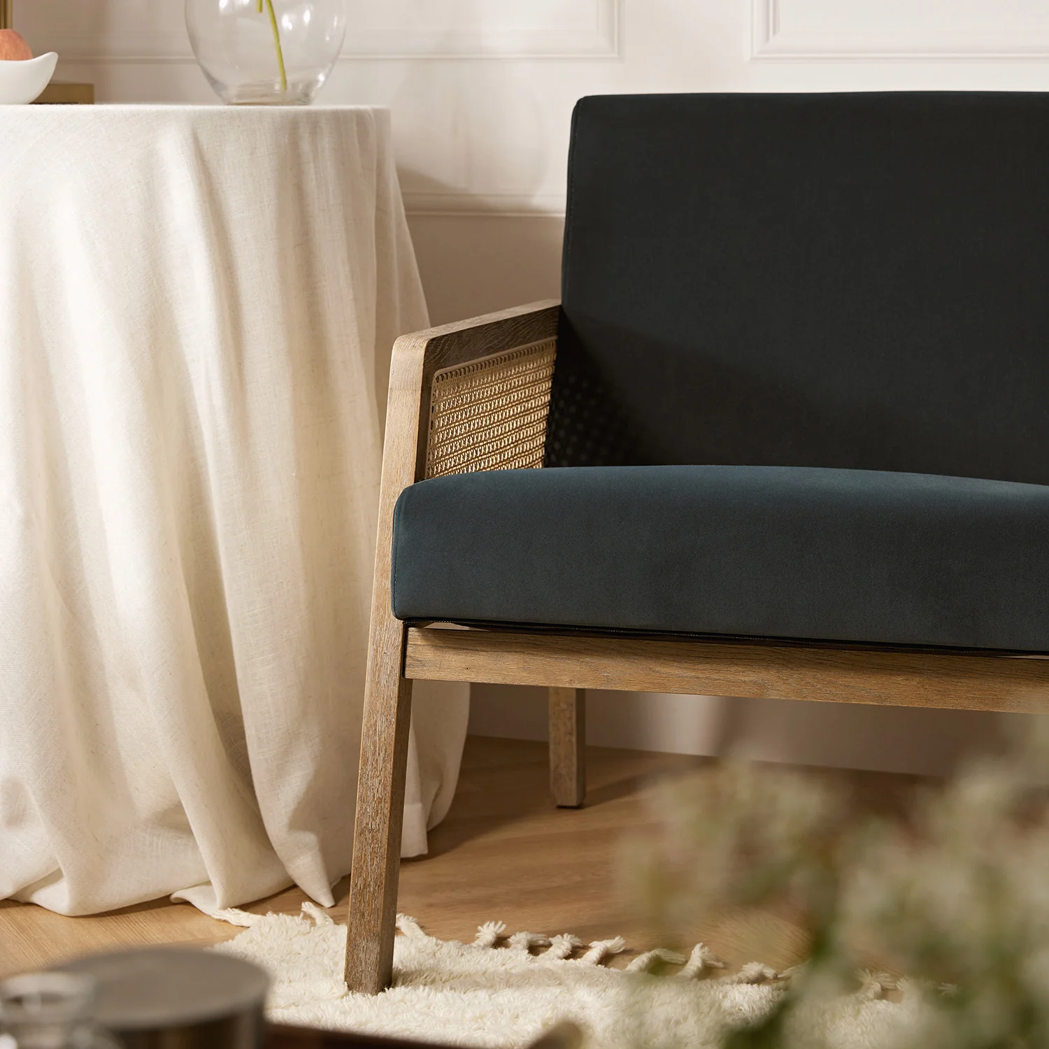 Fyne Aegean Blue Velvet Weathered Oak Frame Rattan Armchair - Image 4