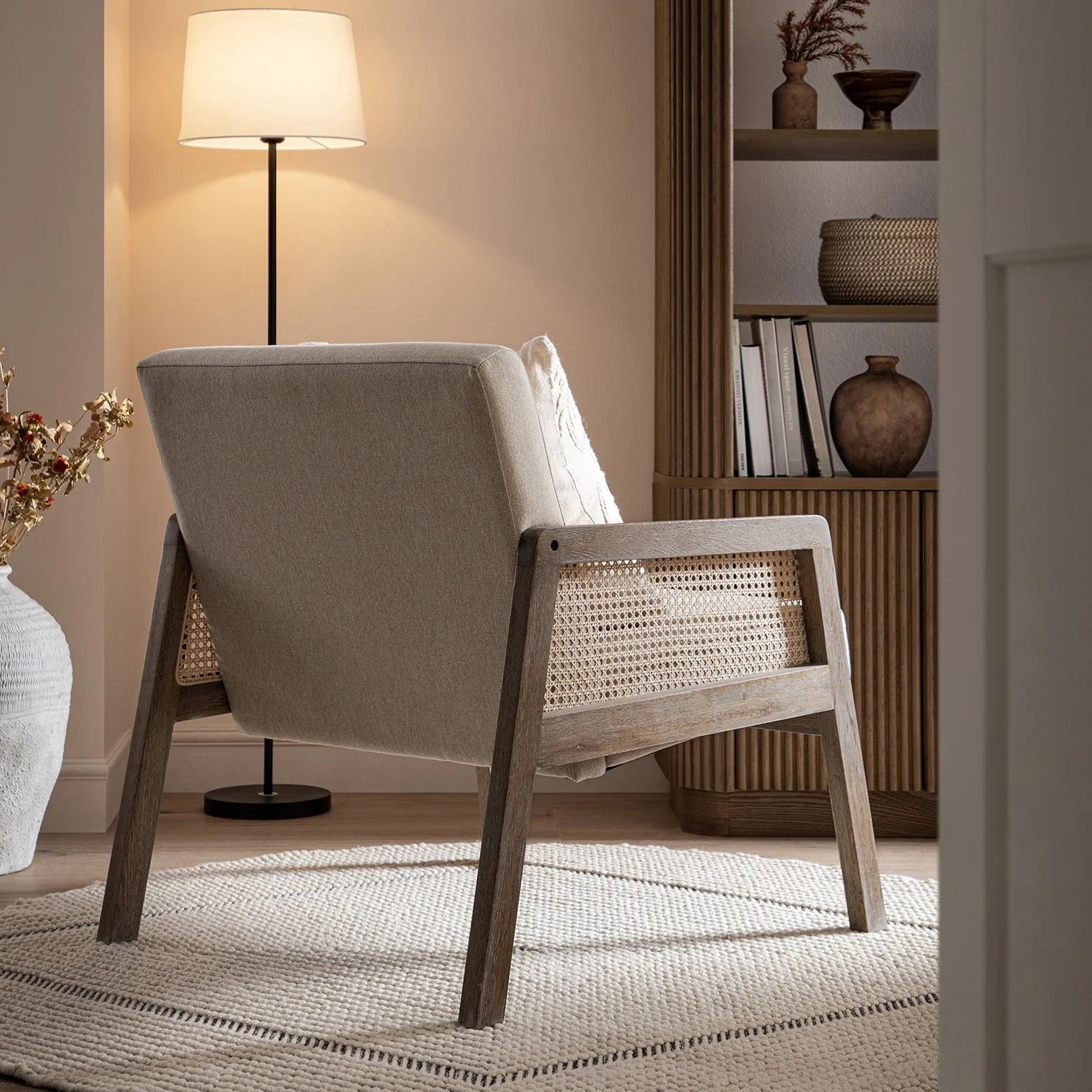 Fyne Oatmeal Fabric Weathered Oak Frame Rattan Armchair - Image 3