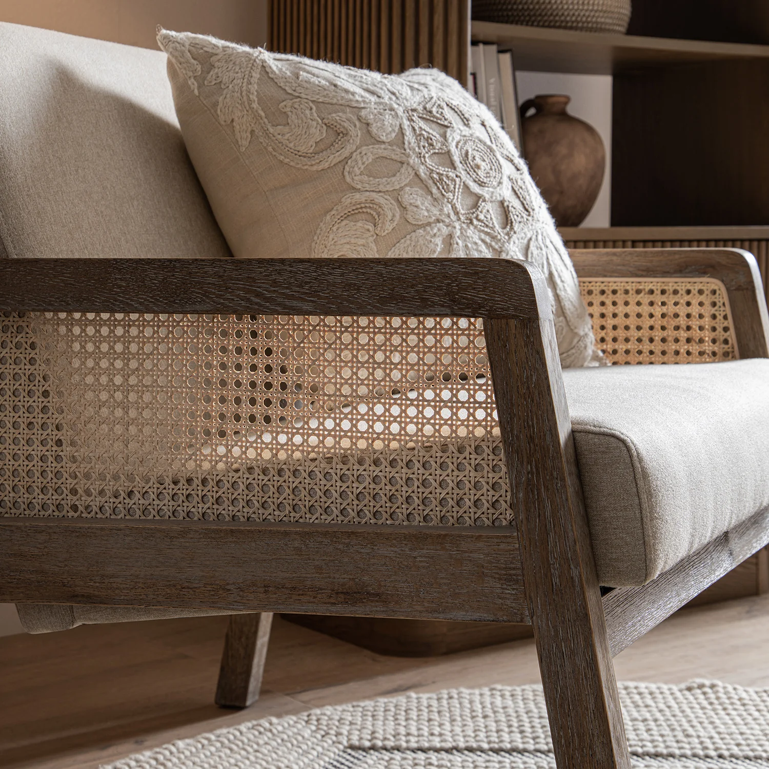 Fyne Oatmeal Fabric Weathered Oak Frame Rattan Armchair - Image 4