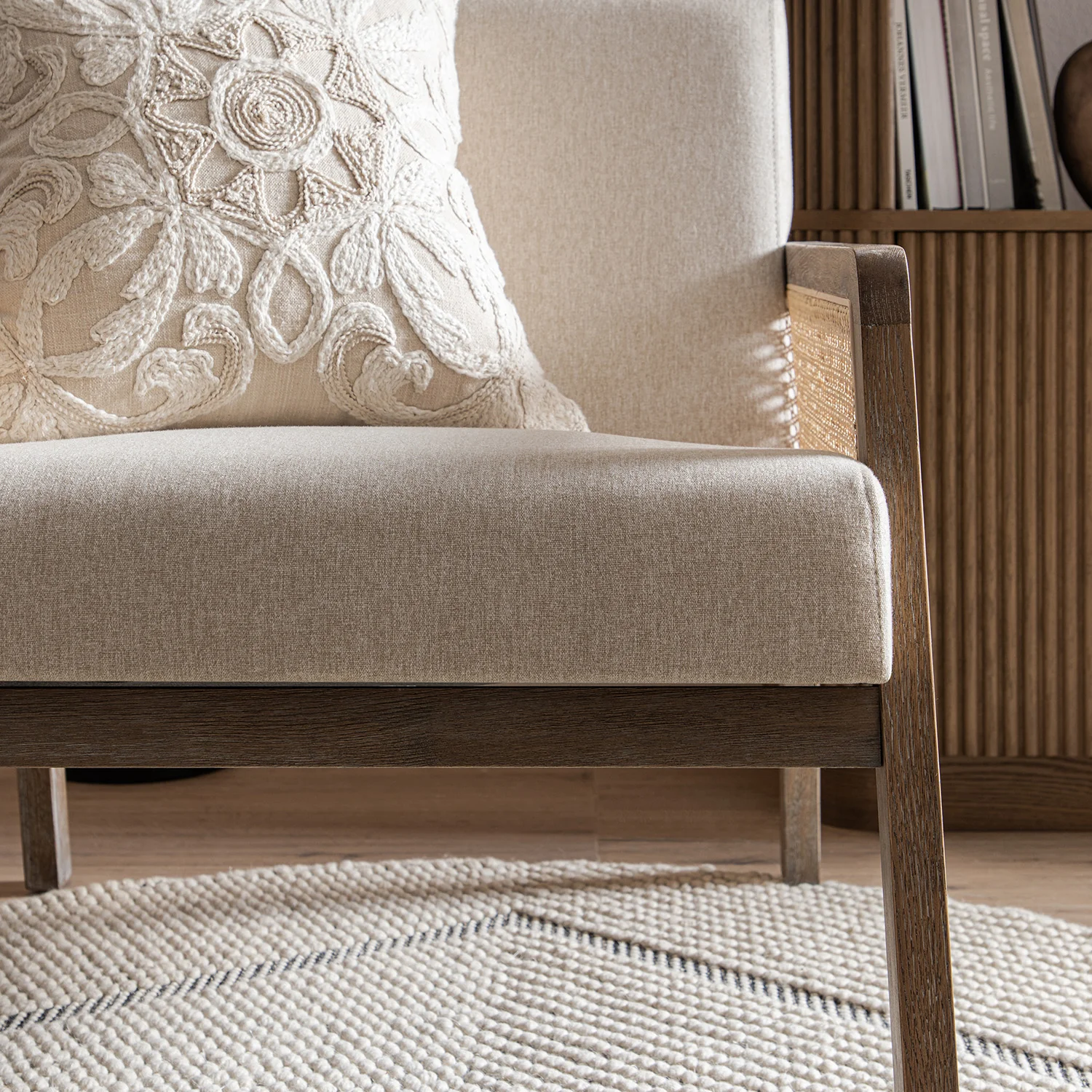 Fyne Oatmeal Fabric Weathered Oak Frame Rattan Armchair - Image 5