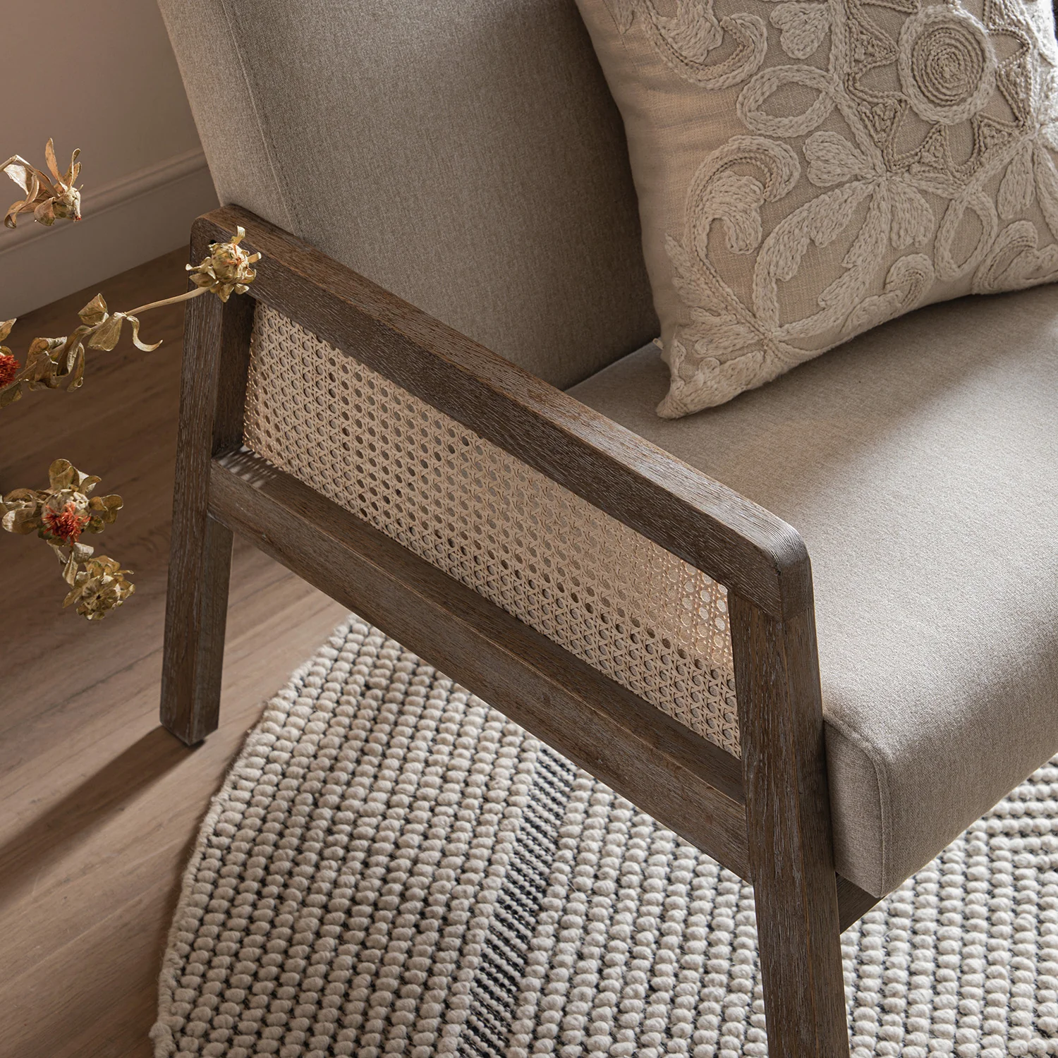 Fyne Oatmeal Fabric Weathered Oak Frame Rattan Armchair - Image 6