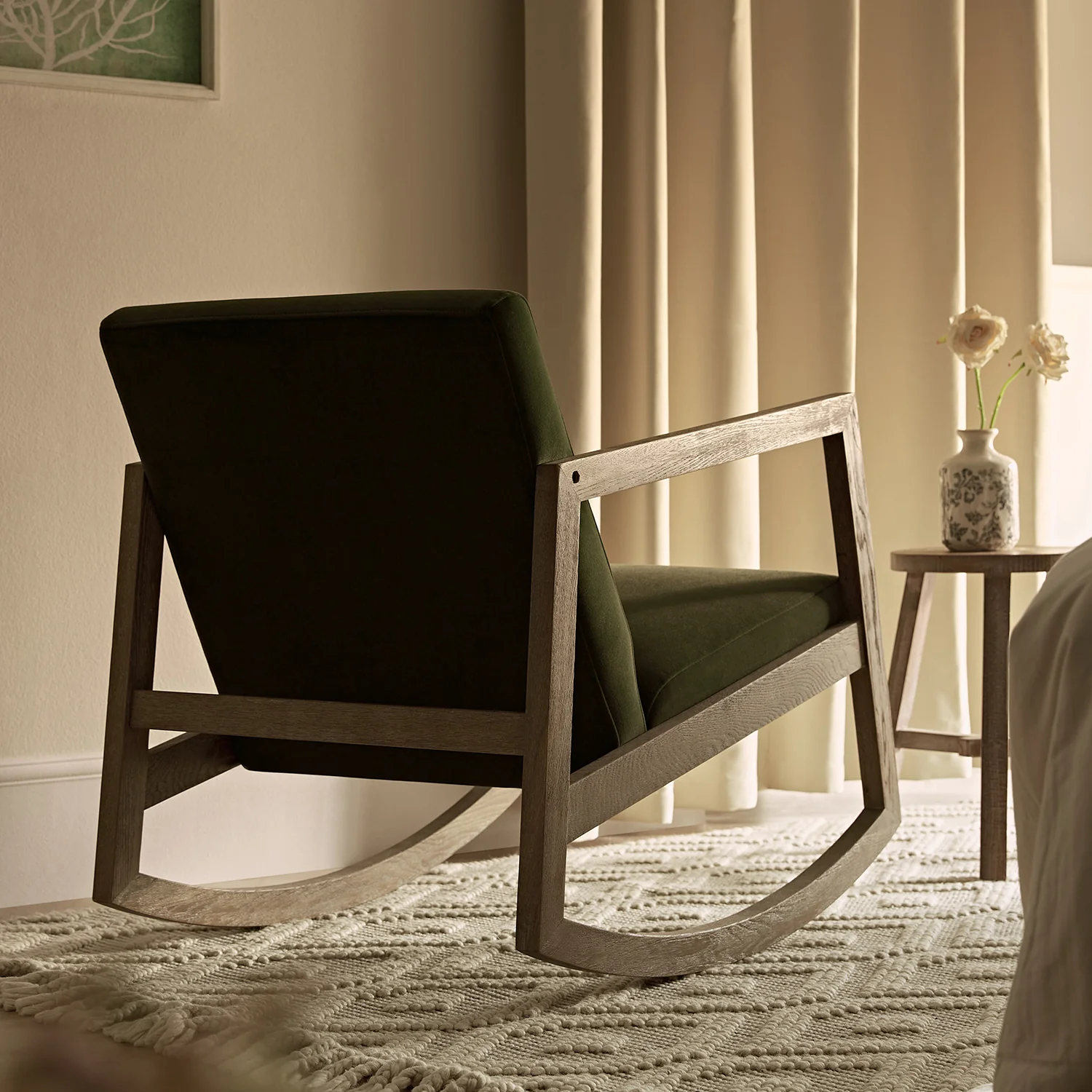 Fyne Moss Green Velvet Rocking Weathered Oak Armchair - Image 3