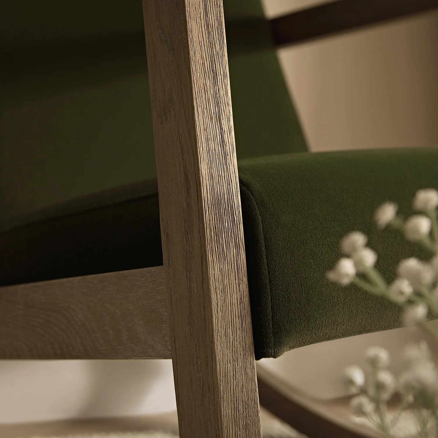 Fyne Moss Green Velvet Rocking Weathered Oak Armchair - Image 4
