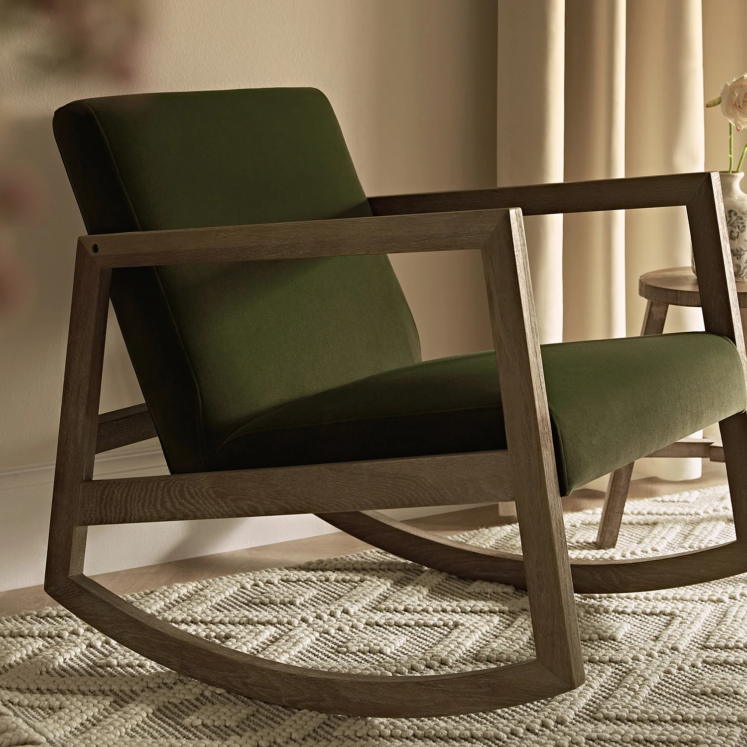 Fyne Moss Green Velvet Rocking Weathered Oak Armchair - Image 5