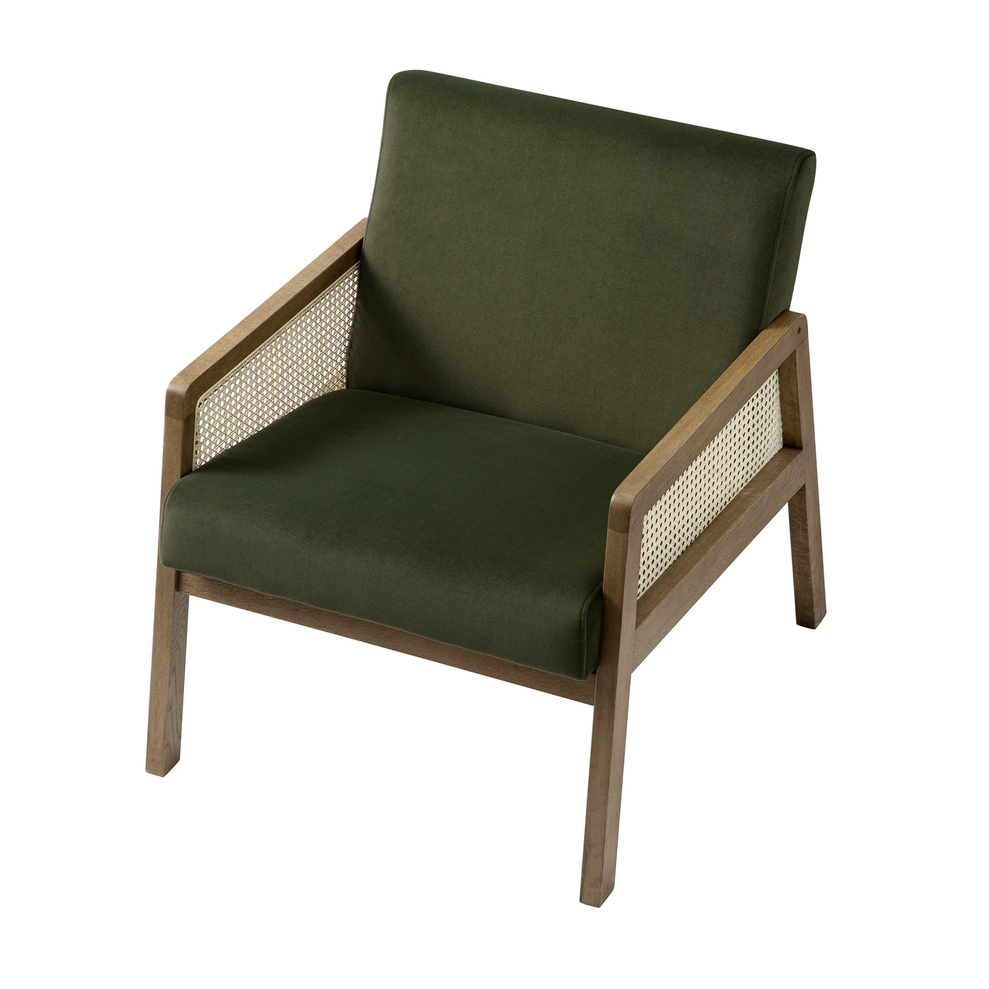 Fyne Moss Green Velvet Light Walnut Frame Rattan Armchair - Image 10