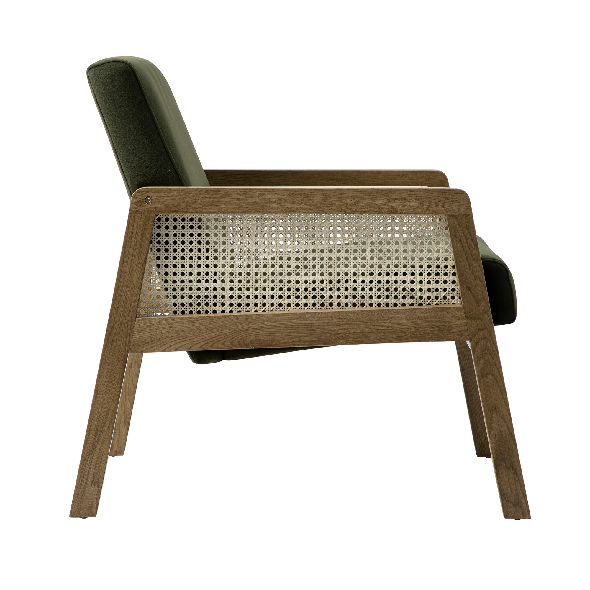 Fyne Moss Green Velvet Light Walnut Frame Rattan Armchair - Image 11