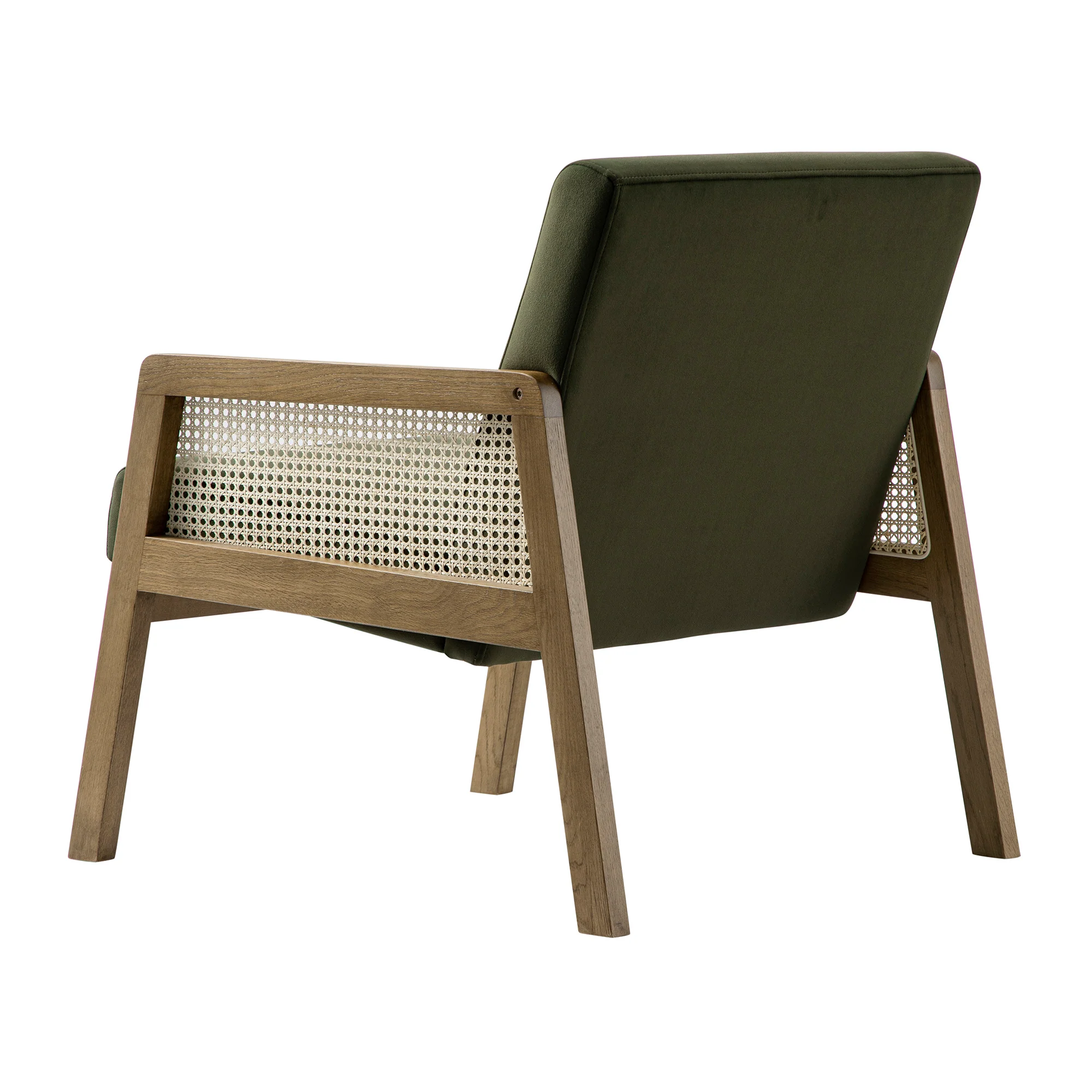 Fyne Moss Green Velvet Light Walnut Frame Rattan Armchair - Image 12