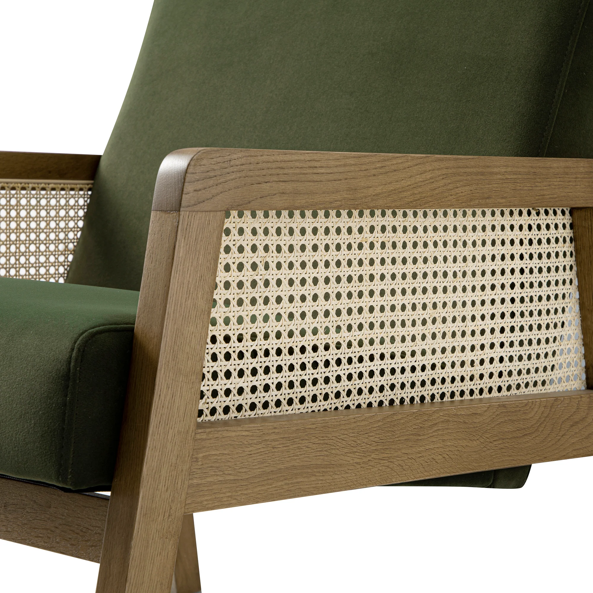 Fyne Moss Green Velvet Light Walnut Frame Rattan Armchair - Image 13