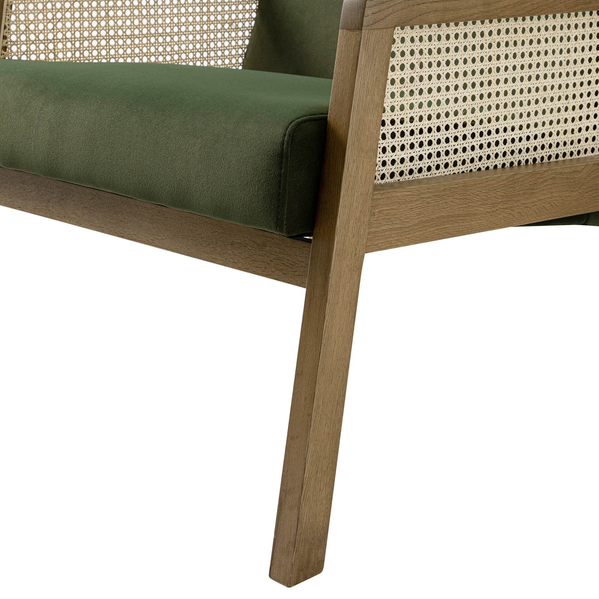 Fyne Moss Green Velvet Light Walnut Frame Rattan Armchair - Image 14