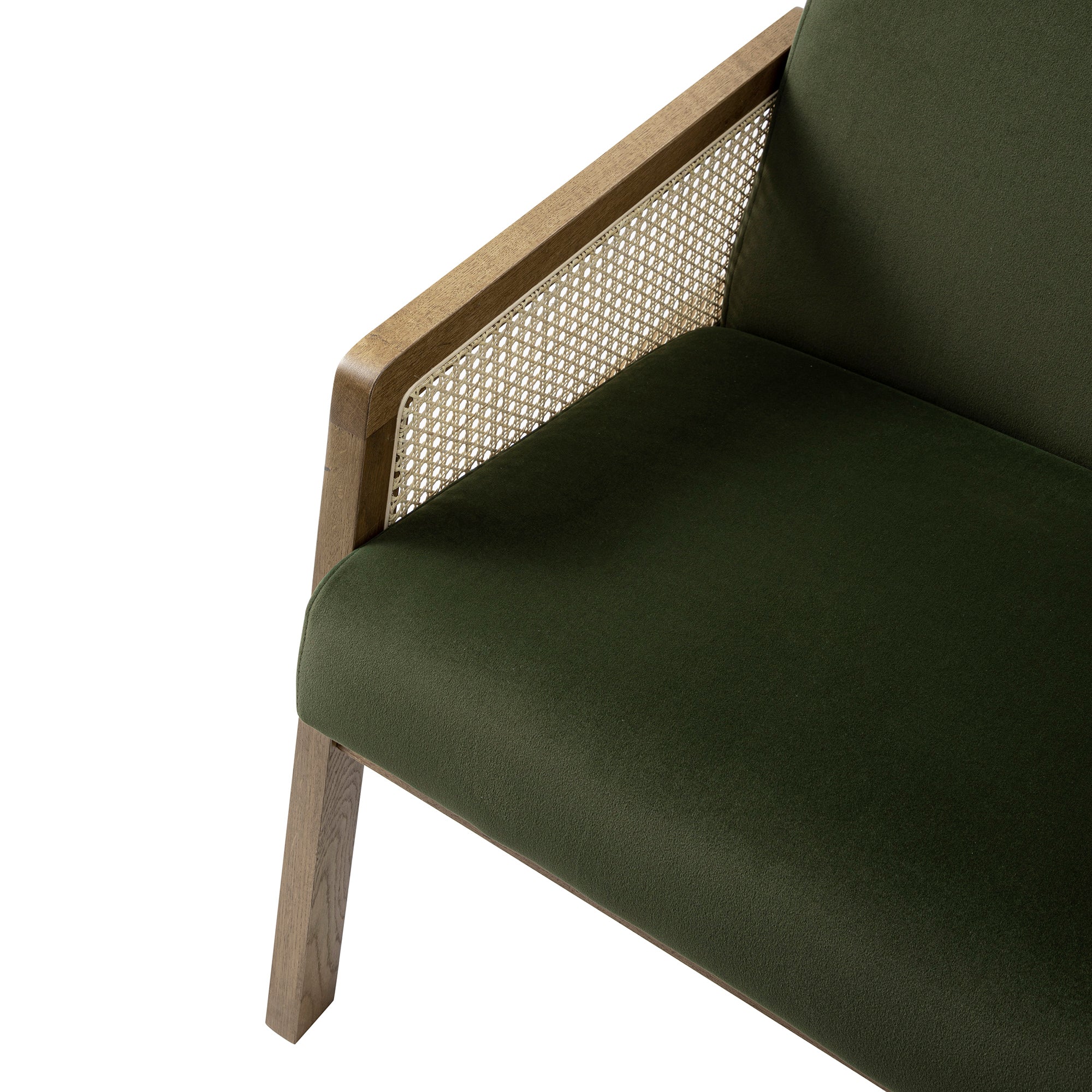 Fyne Moss Green Velvet Light Walnut Frame Rattan Armchair - Image 15