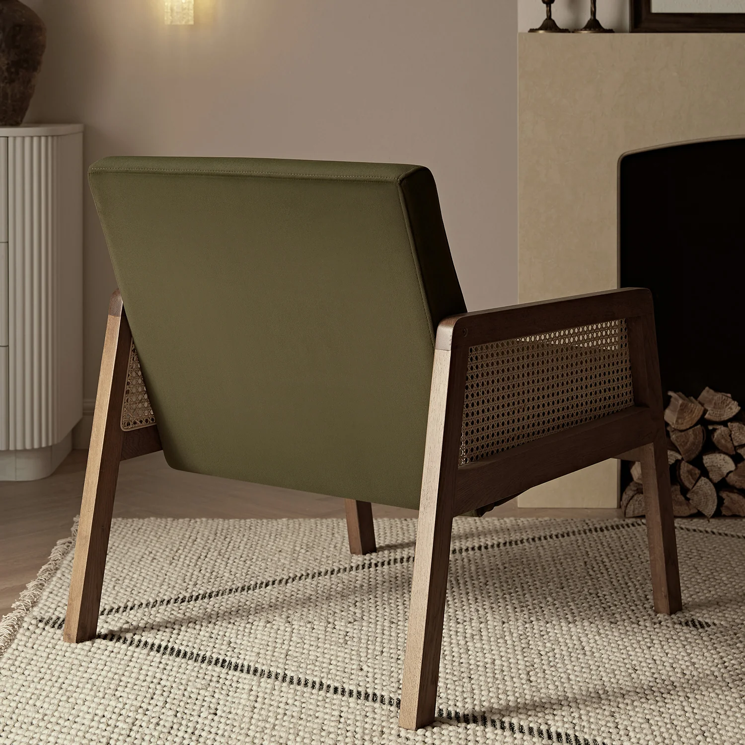 Fyne Moss Green Velvet Light Walnut Frame Rattan Armchair - Image 3