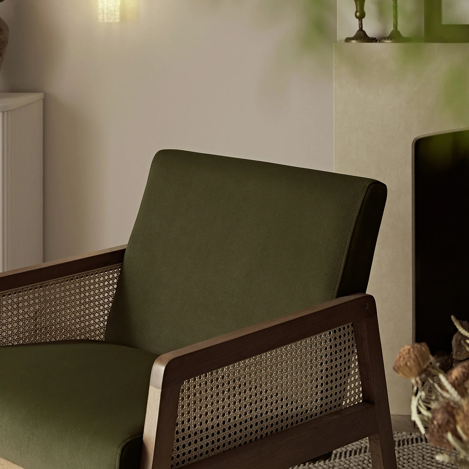 Fyne Moss Green Velvet Light Walnut Frame Rattan Armchair - Image 4