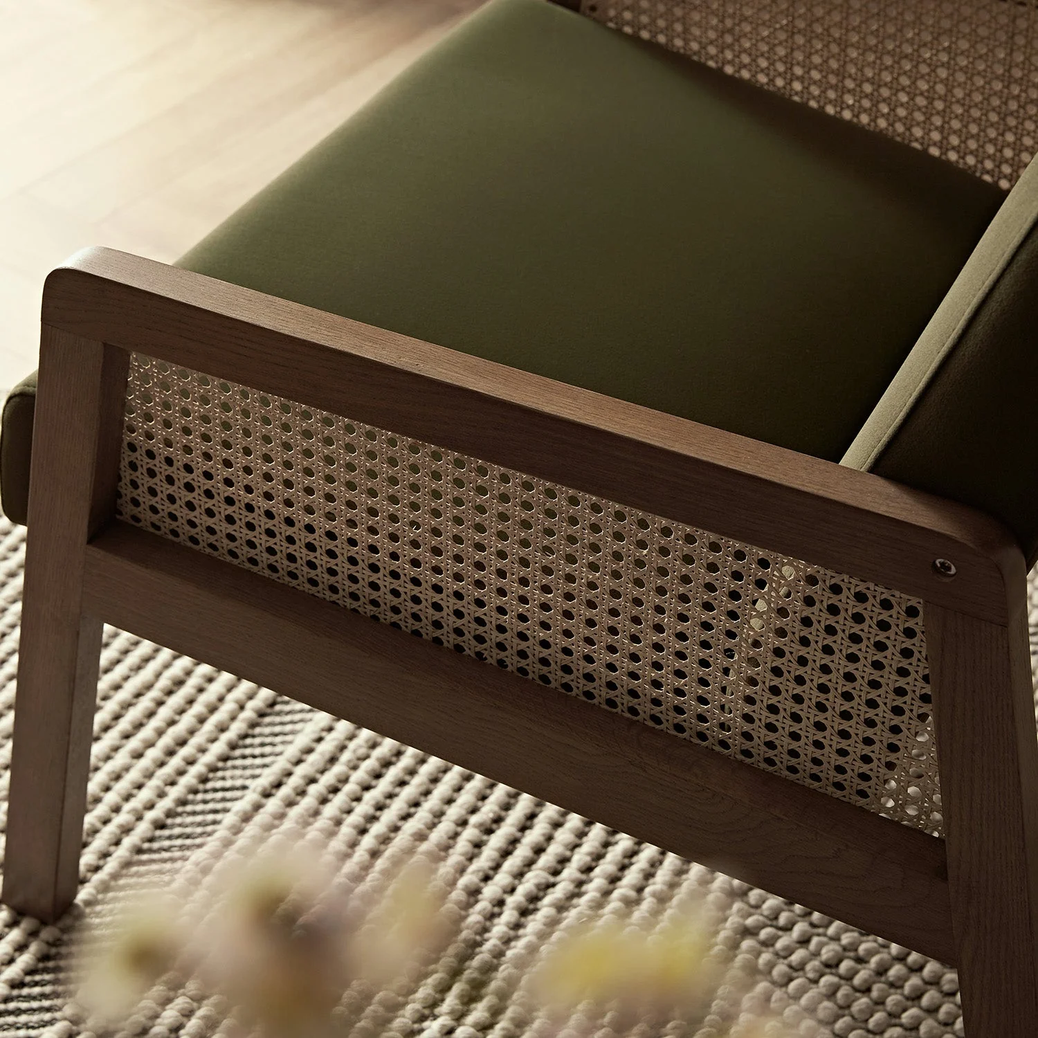 Fyne Moss Green Velvet Light Walnut Frame Rattan Armchair - Image 5