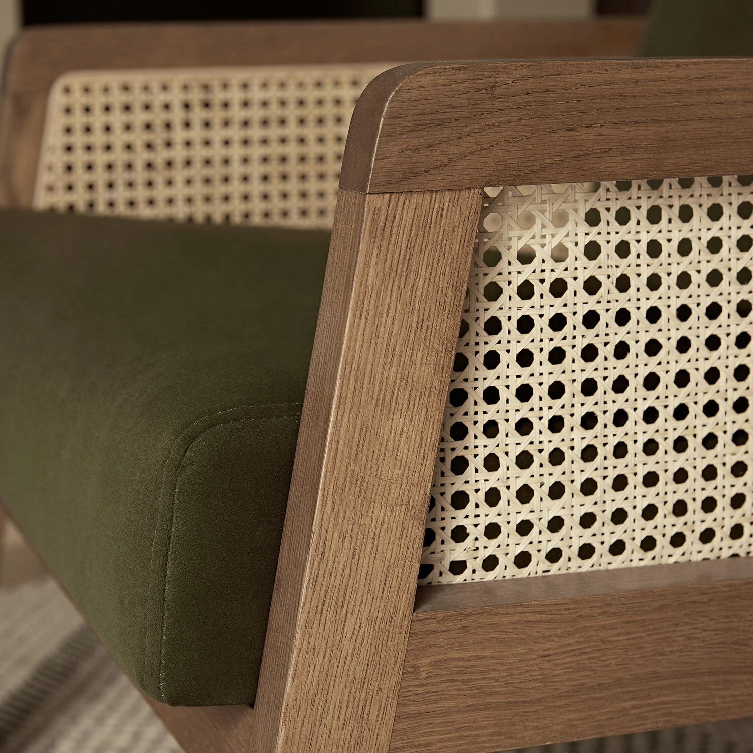 Fyne Moss Green Velvet Light Walnut Frame Rattan Armchair - Image 6