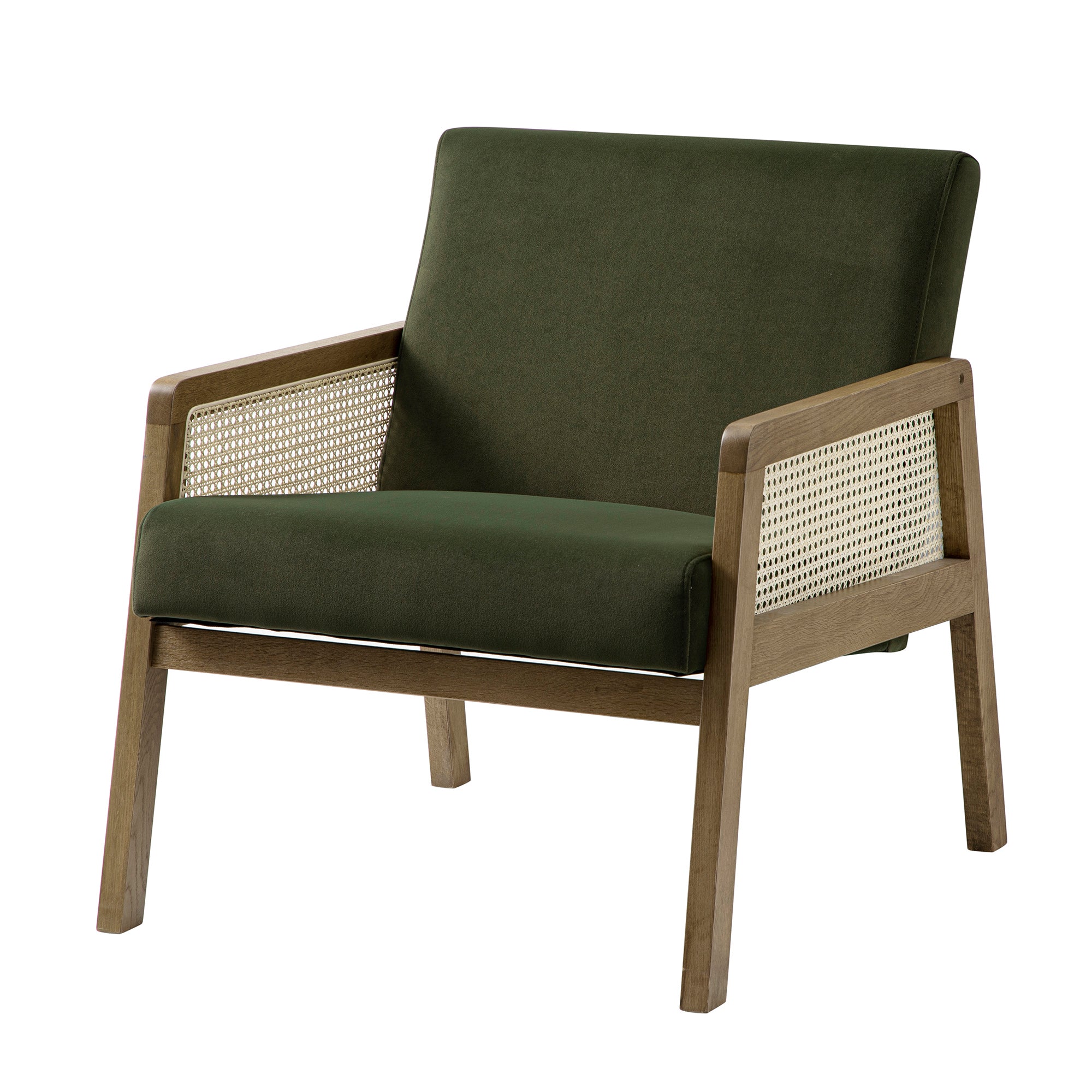 Fyne Moss Green Velvet Light Walnut Frame Rattan Armchair - Image 7