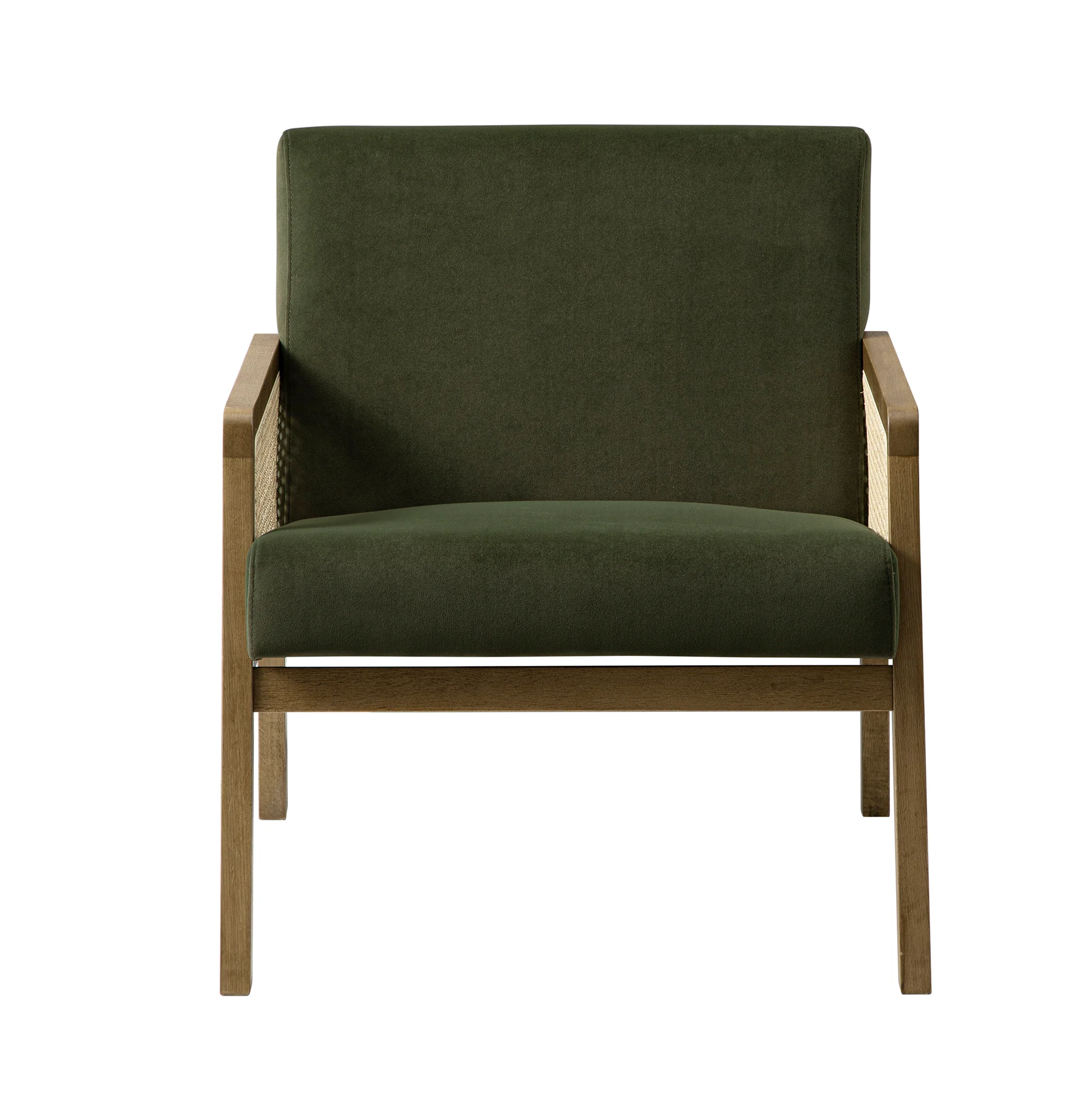 Fyne Moss Green Velvet Light Walnut Frame Rattan Armchair - Image 8
