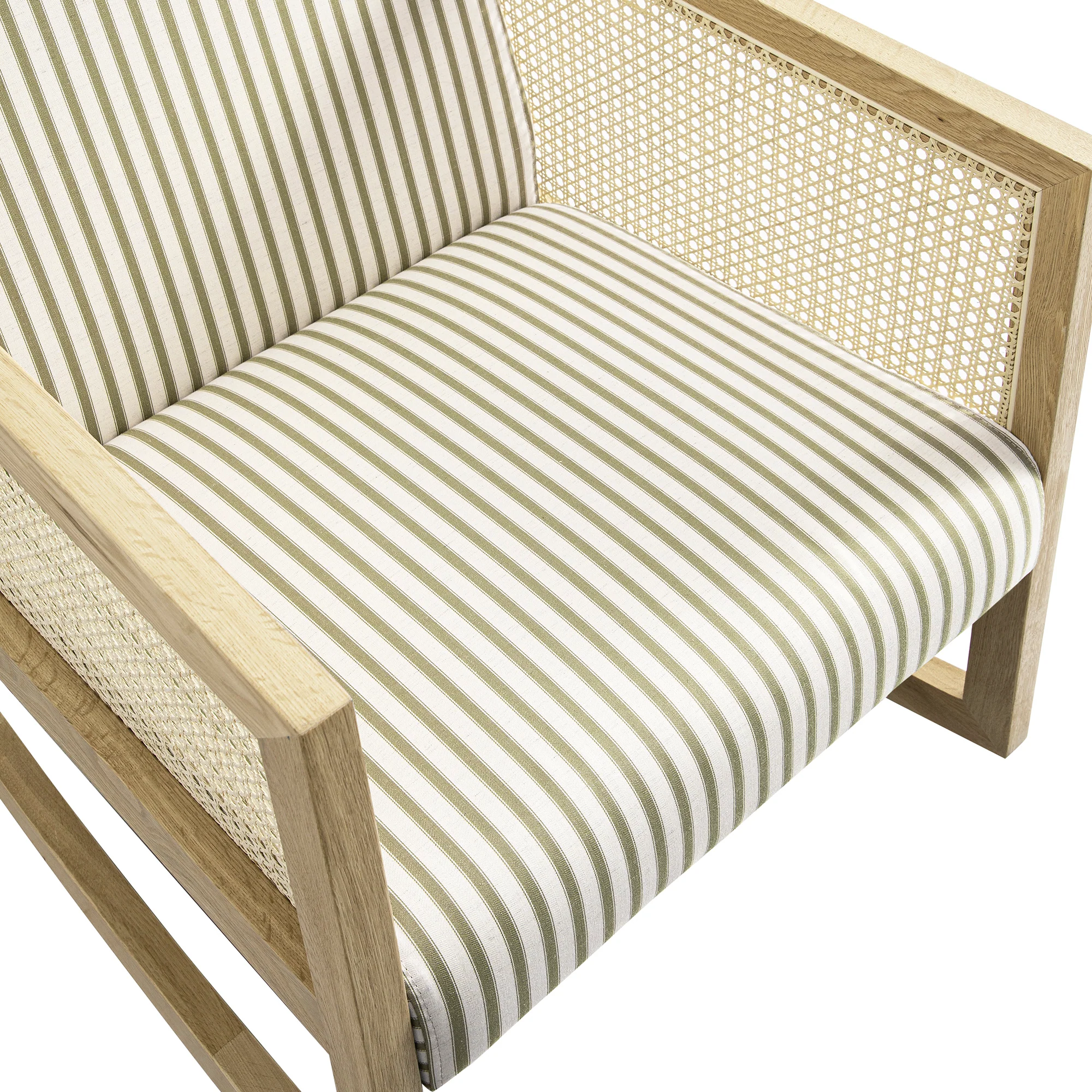 Fyne Sage Striped Linen Blend Natural Oak Armchair with Rattan Armrests - Image 12