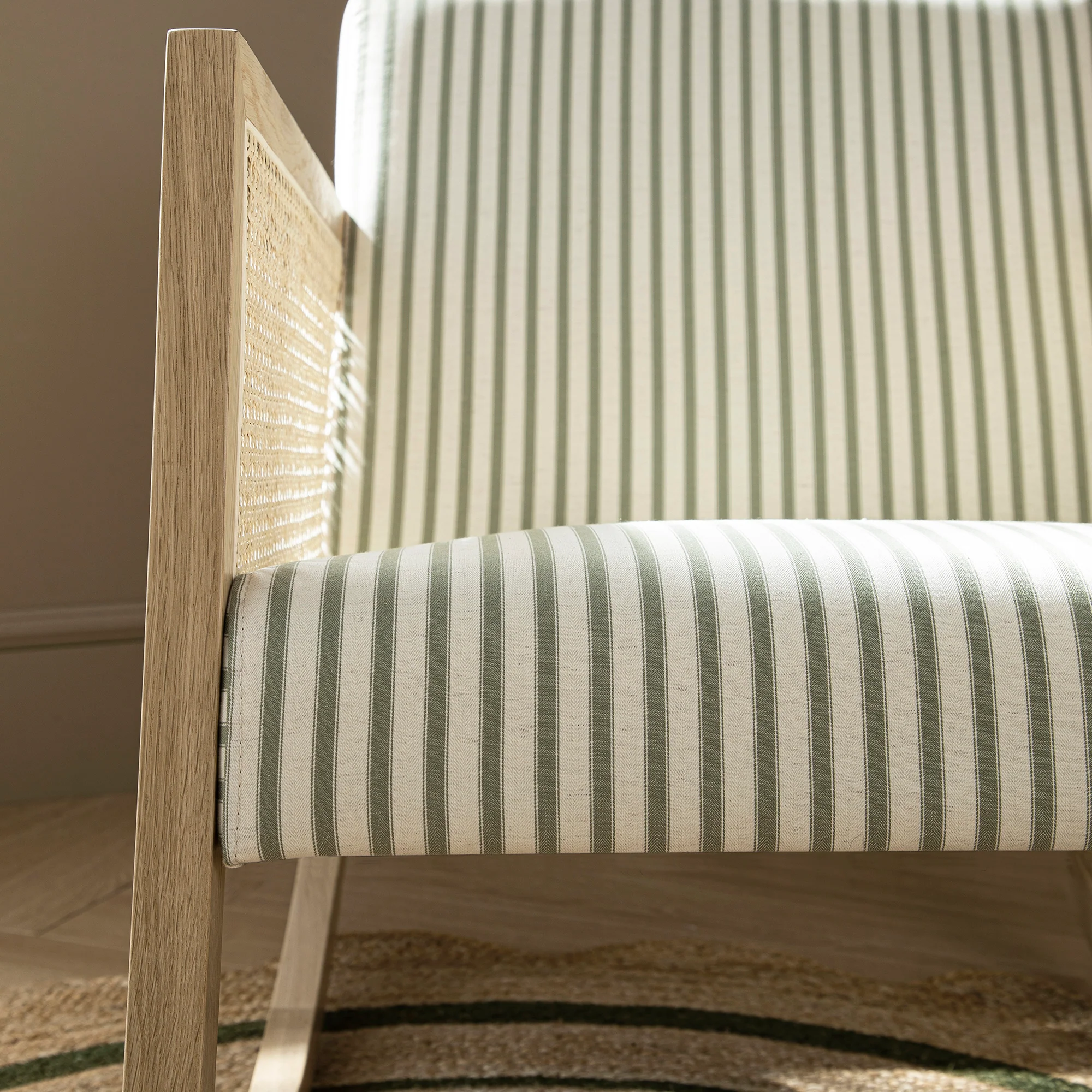 Fyne Sage Striped Linen Blend Natural Oak Armchair with Rattan Armrests - Image 16
