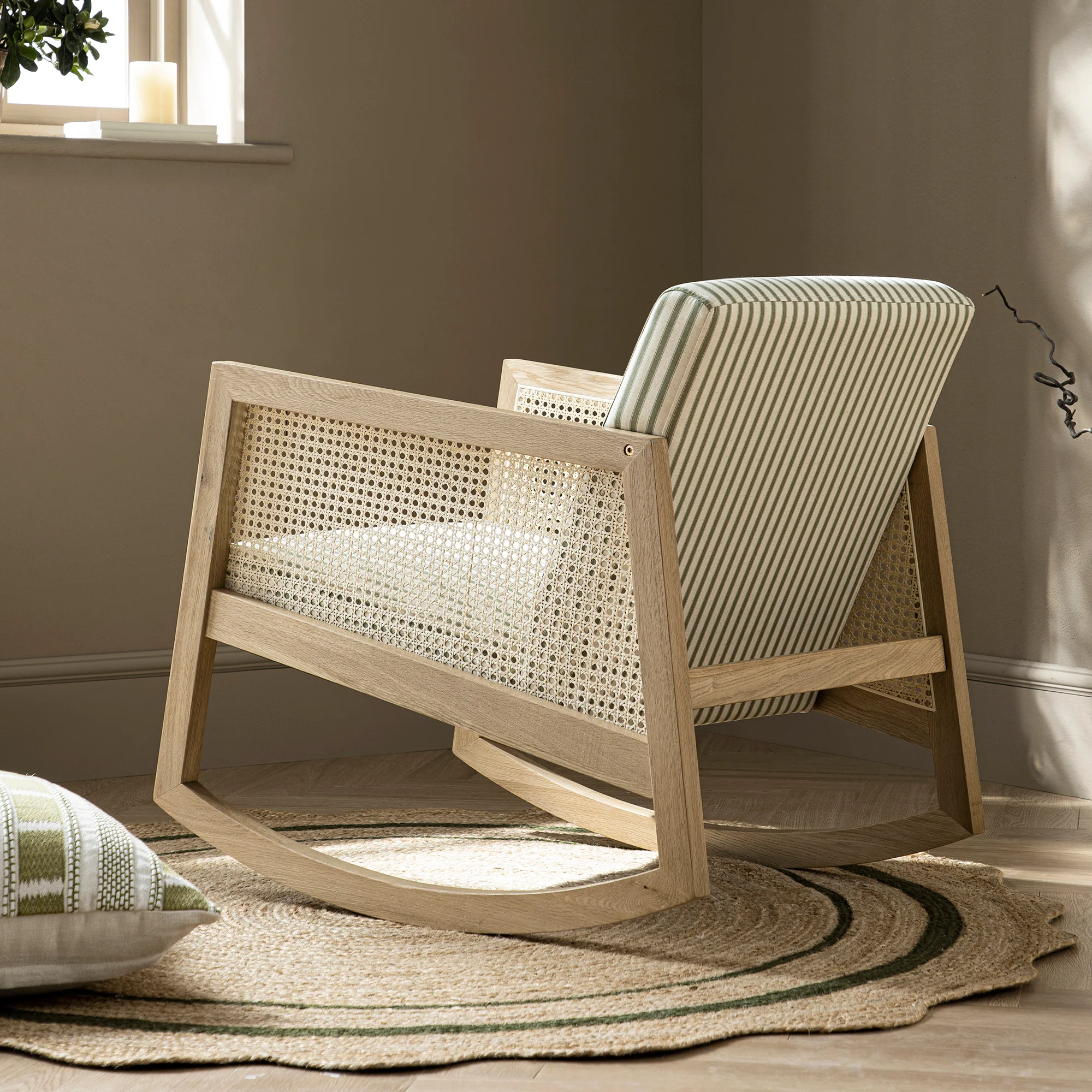 Fyne Sage Striped Linen Blend Natural Oak Armchair with Rattan Armrests - Image 3