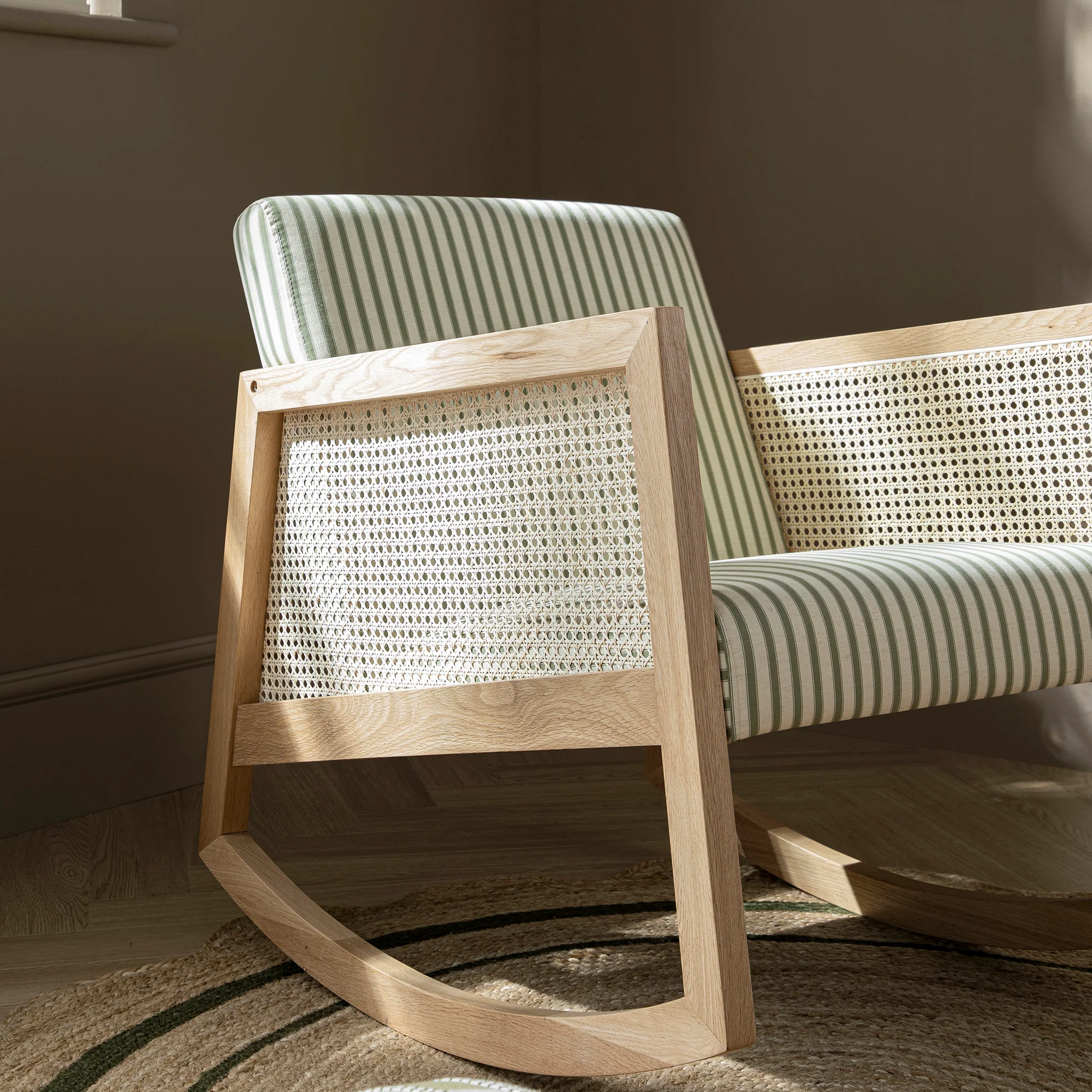 Fyne Sage Striped Linen Blend Natural Oak Armchair with Rattan Armrests - Image 4