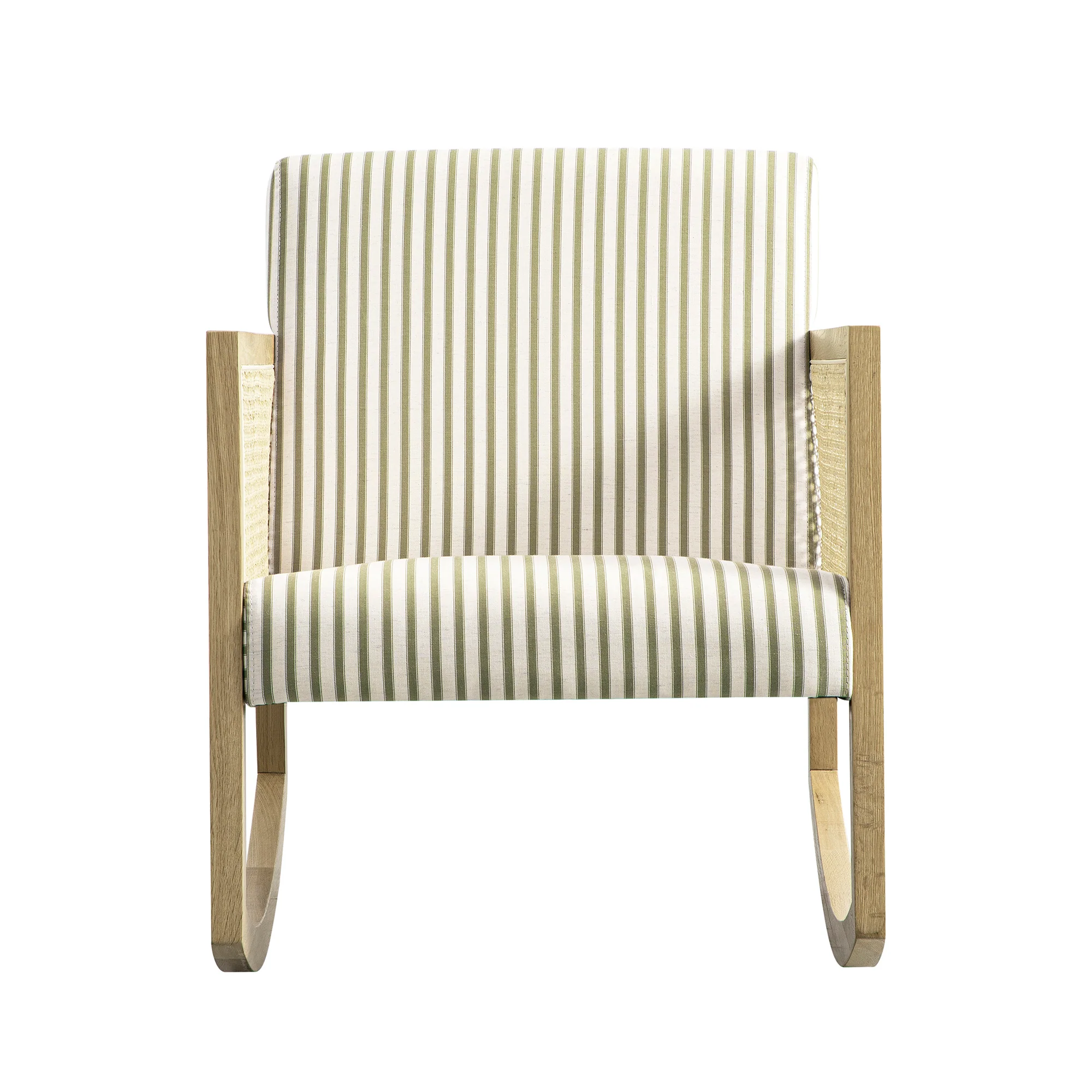 Fyne Sage Striped Linen Blend Natural Oak Armchair with Rattan Armrests - Image 8