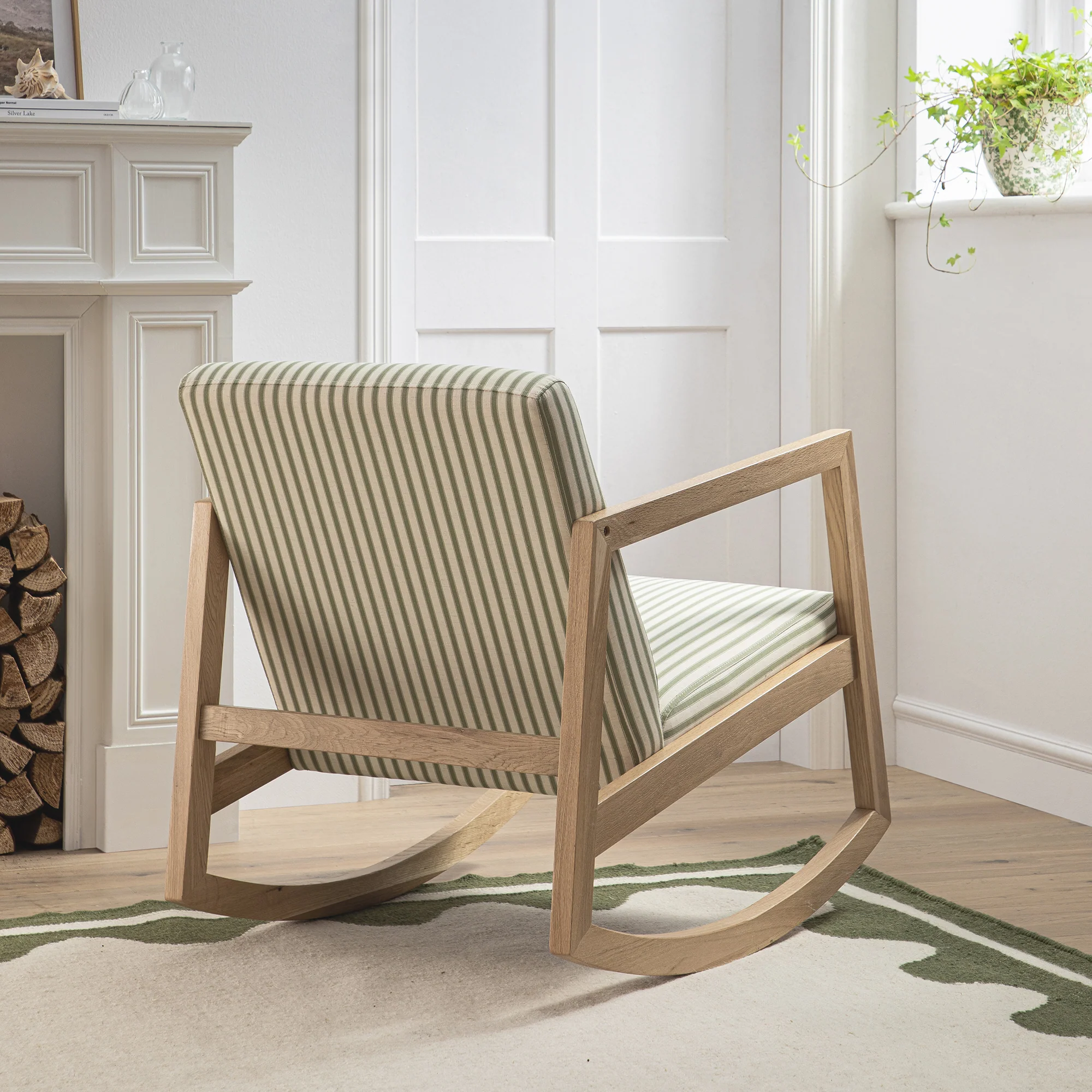 Fyne Sage Striped Linen Blend Natural Oak Rocking Armchair - Image 3