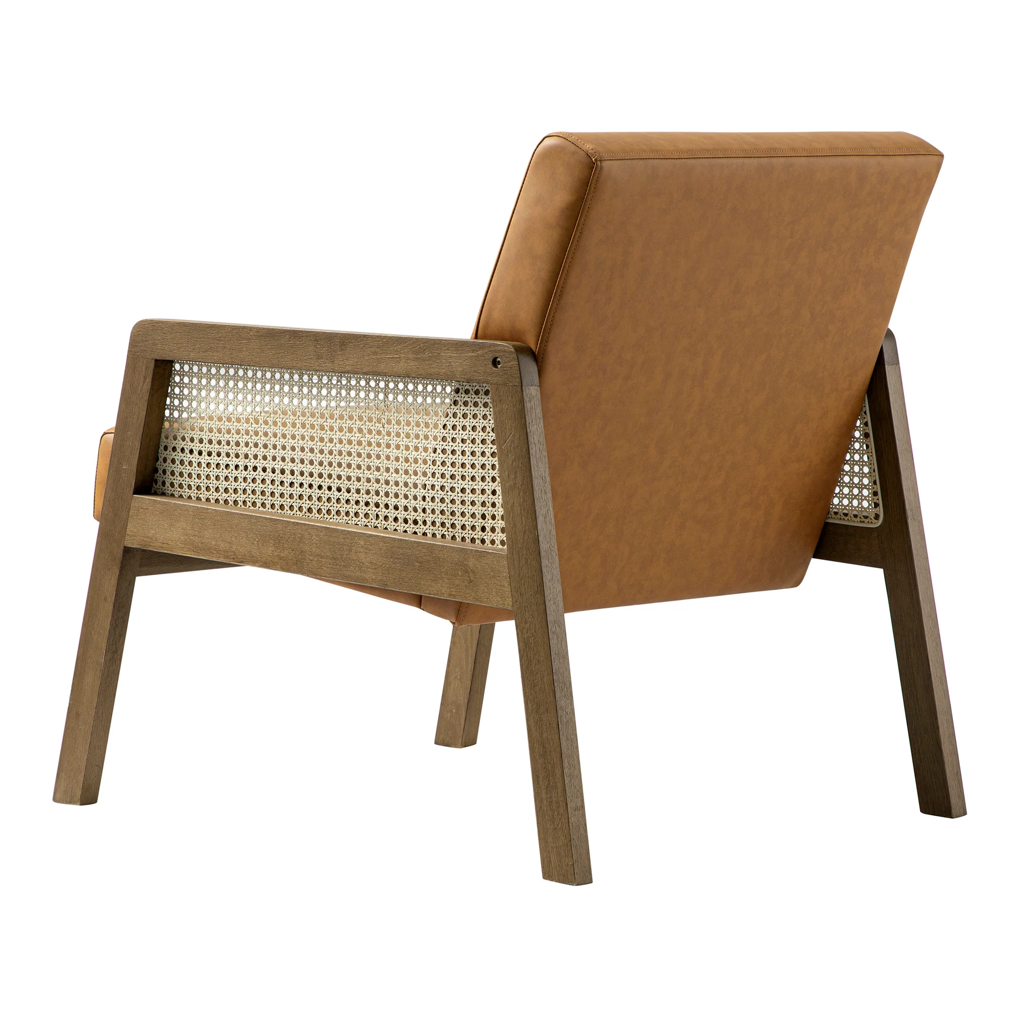 Fyne Tan Faux Leather Light Walnut Frame Rattan Armchair - Image 12