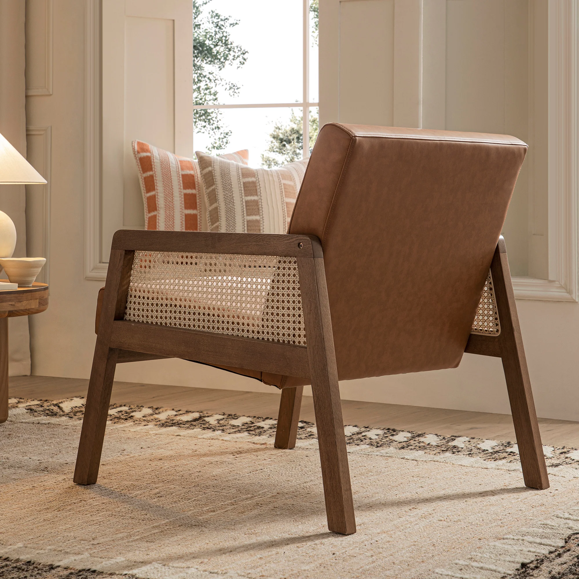 Fyne Tan Faux Leather Light Walnut Frame Rattan Armchair - Image 3