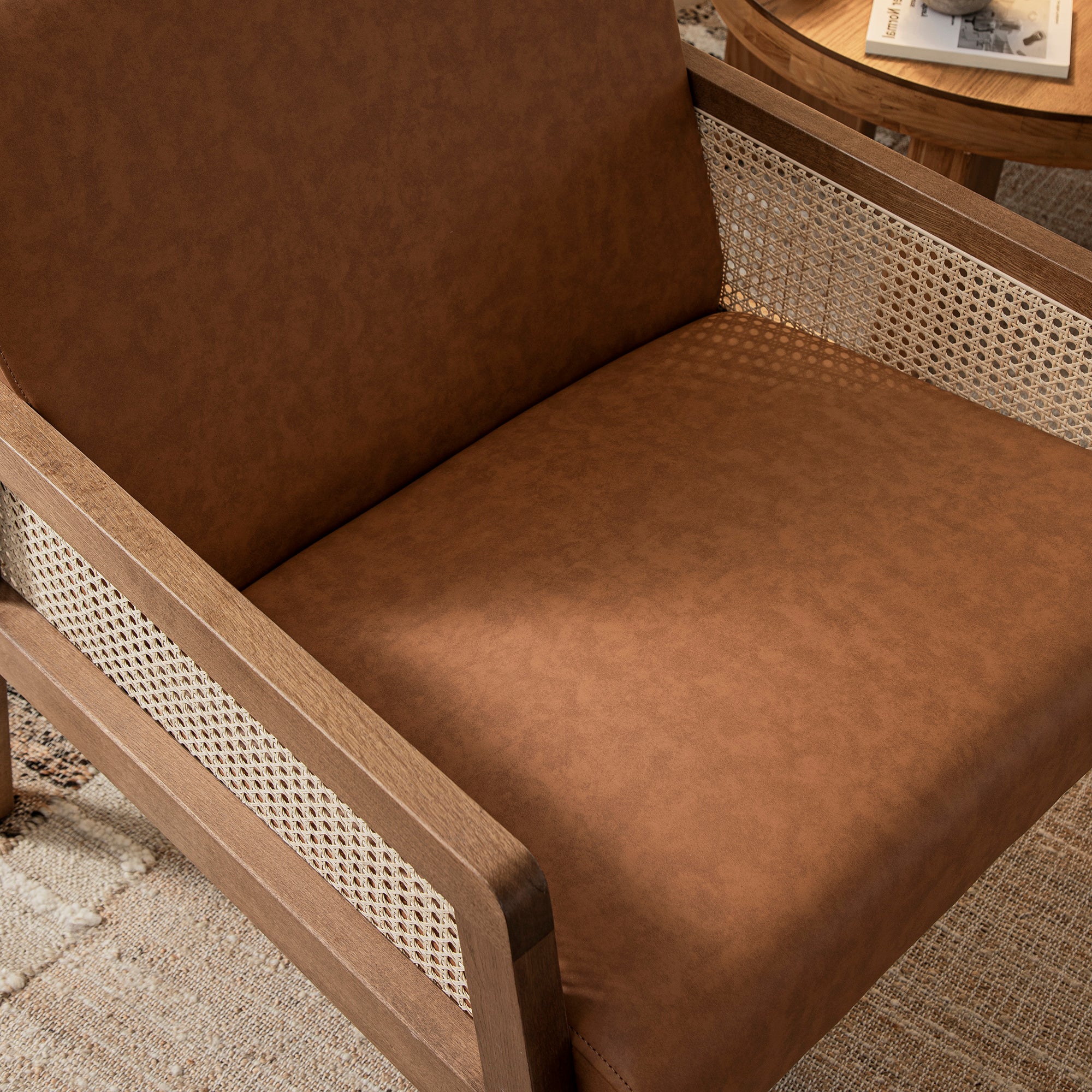 Fyne Tan Faux Leather Light Walnut Frame Rattan Armchair - Image 5