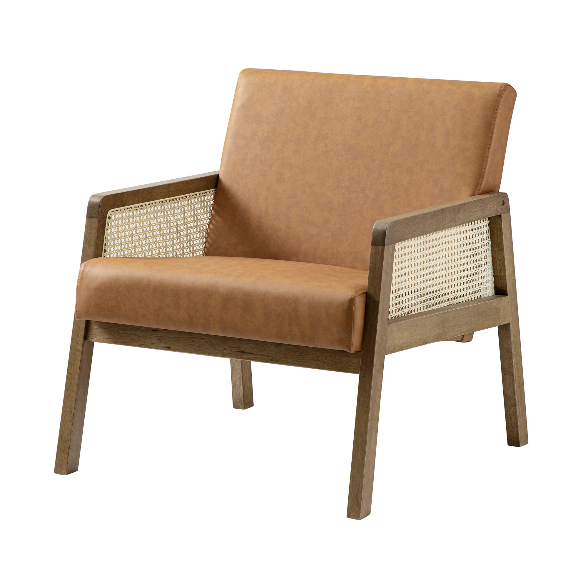 Fyne Tan Faux Leather Light Walnut Frame Rattan Armchair - Image 7