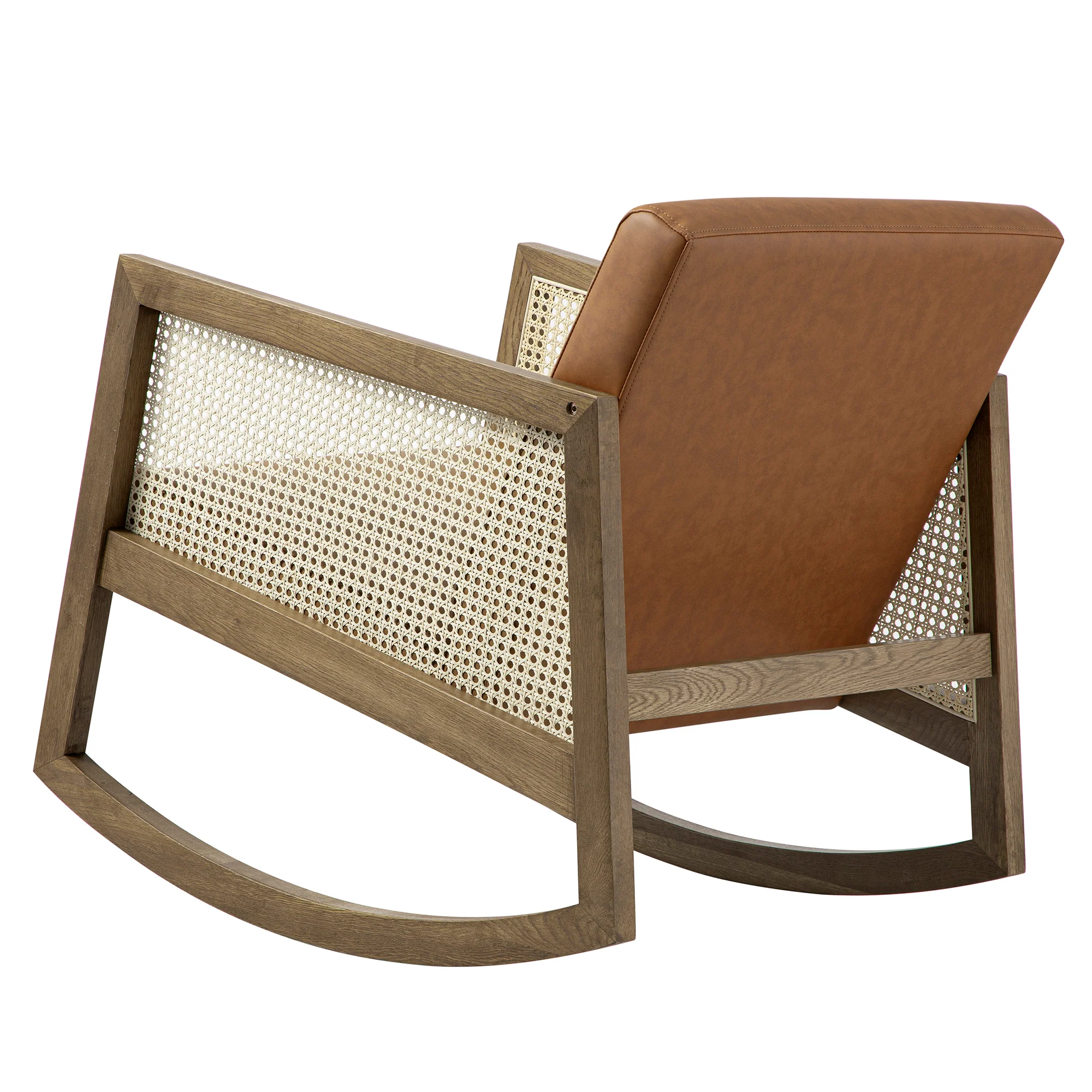 Fyne Tan Faux Leather Rocking Light Walnut Armchair with Rattan Armrests - Image 11