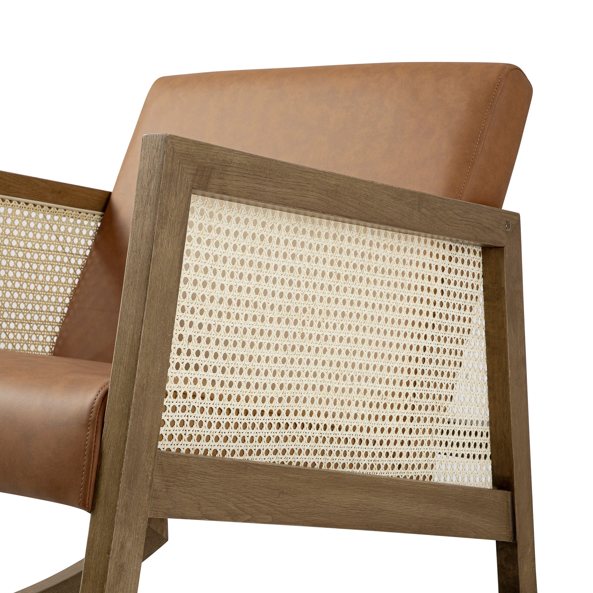 Fyne Tan Faux Leather Rocking Light Walnut Armchair with Rattan Armrests - Image 12