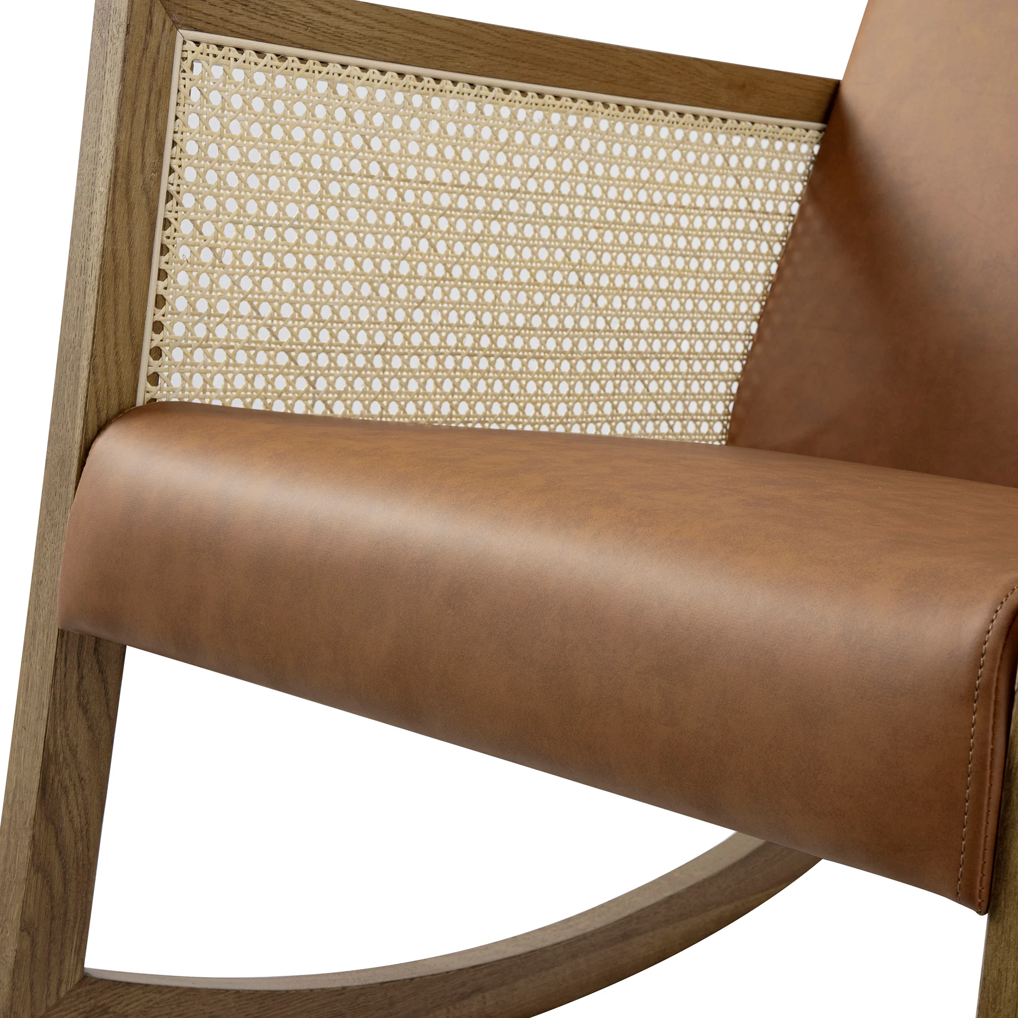 Fyne Tan Faux Leather Rocking Light Walnut Armchair with Rattan Armrests - Image 14