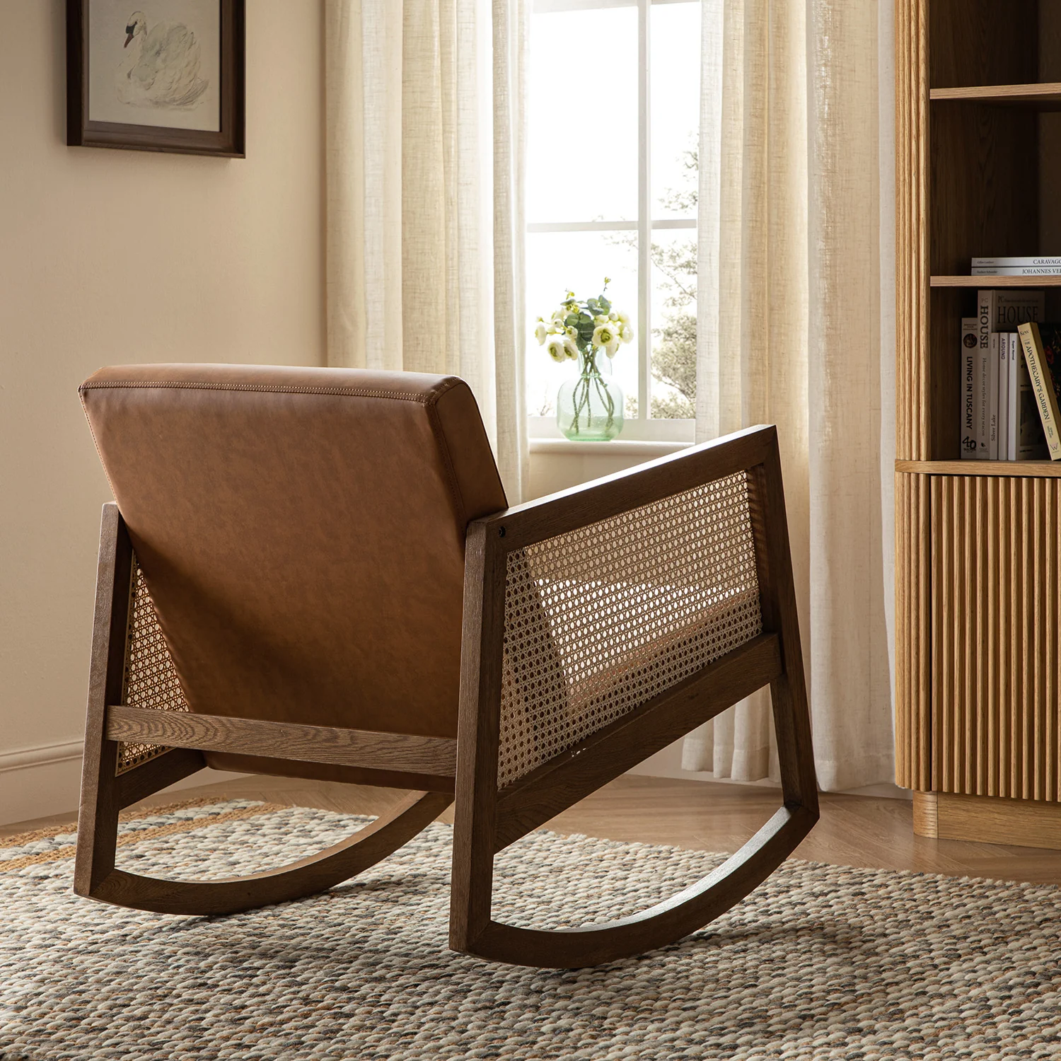 Fyne Tan Faux Leather Rocking Light Walnut Armchair with Rattan Armrests - Image 3